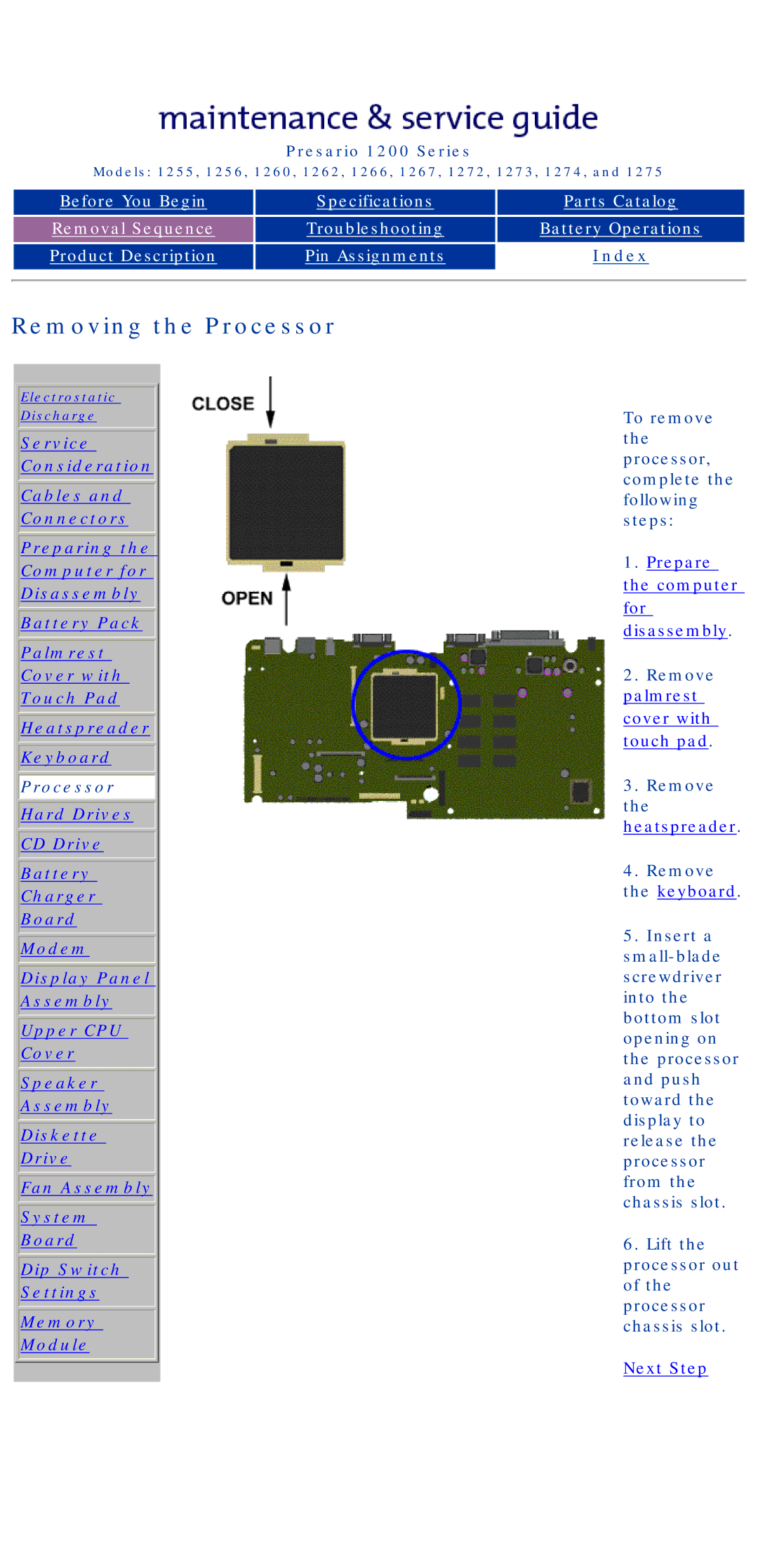 Compaq 1274, 1275, 1266, 1272, 1267, 1273, 1262 Removing the Processor, To remove the processor, complete the following steps 