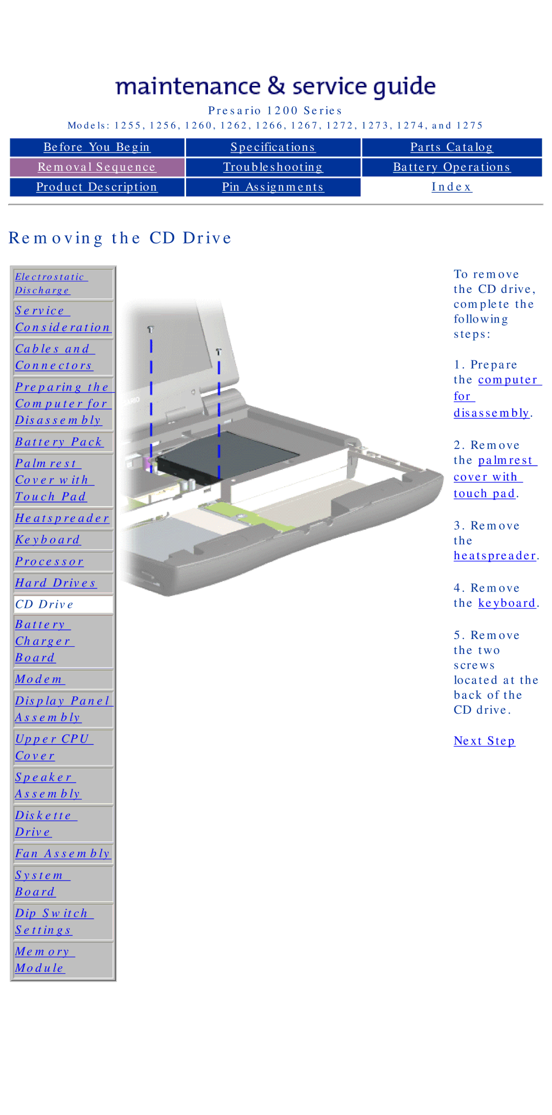 Compaq 1275, 1266, 1272, 1267, 1274, 1273, 1262, 1260, 1255, 1256 manual Removing the CD Drive 