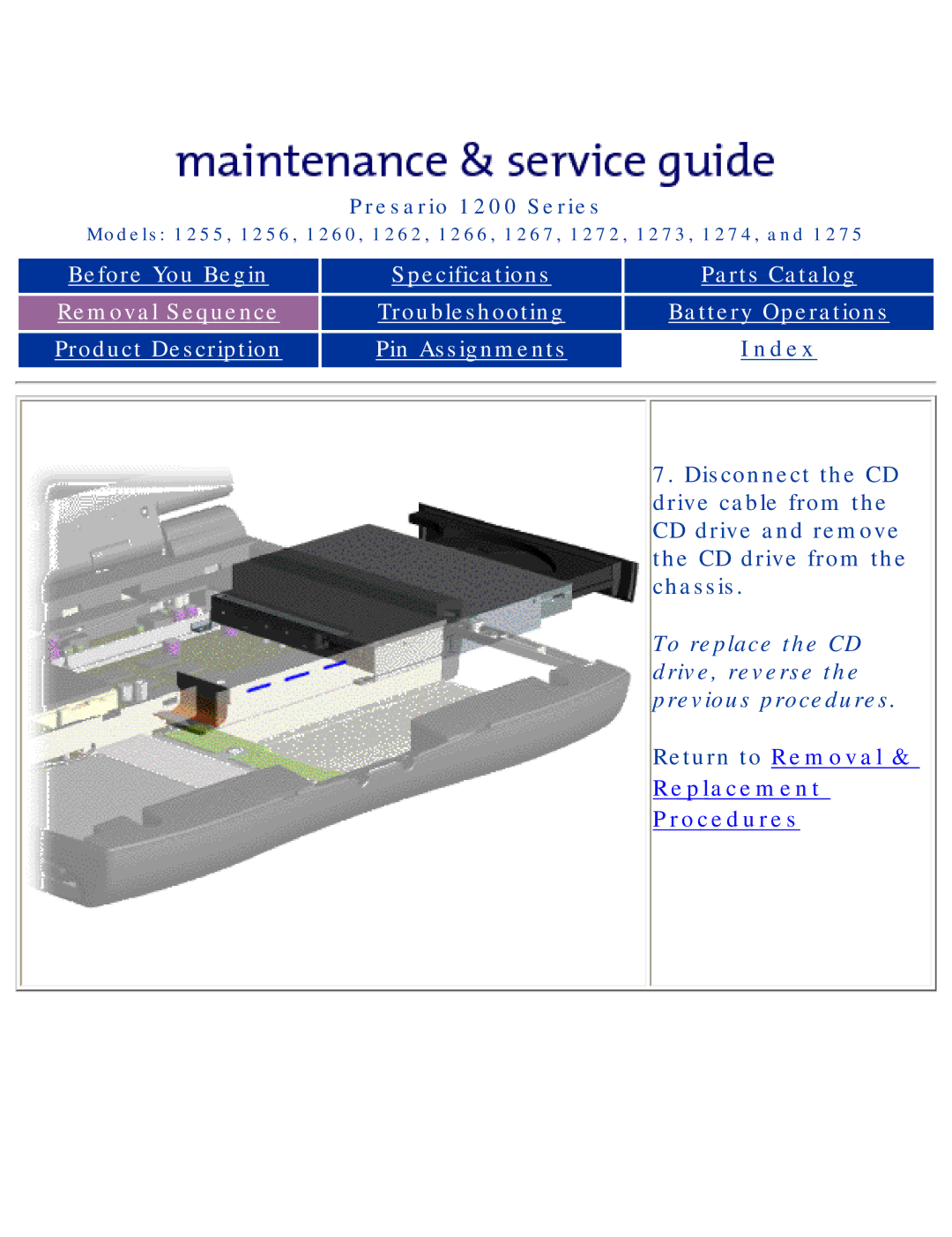 Compaq 1272, 1275, 1266, 1267, 1274, 1273, 1262, 1260, 1255, 1256 manual To replace the CD drive, reverse the previous procedures 