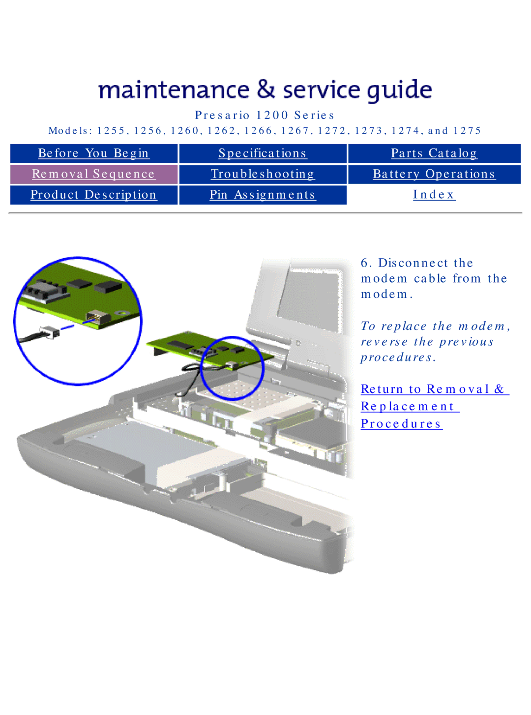 Compaq 1273, 1275, 1266, 1272, 1267, 1274, 1262, 1260, 1255, 1256 manual Disconnect the modem cable from the modem 