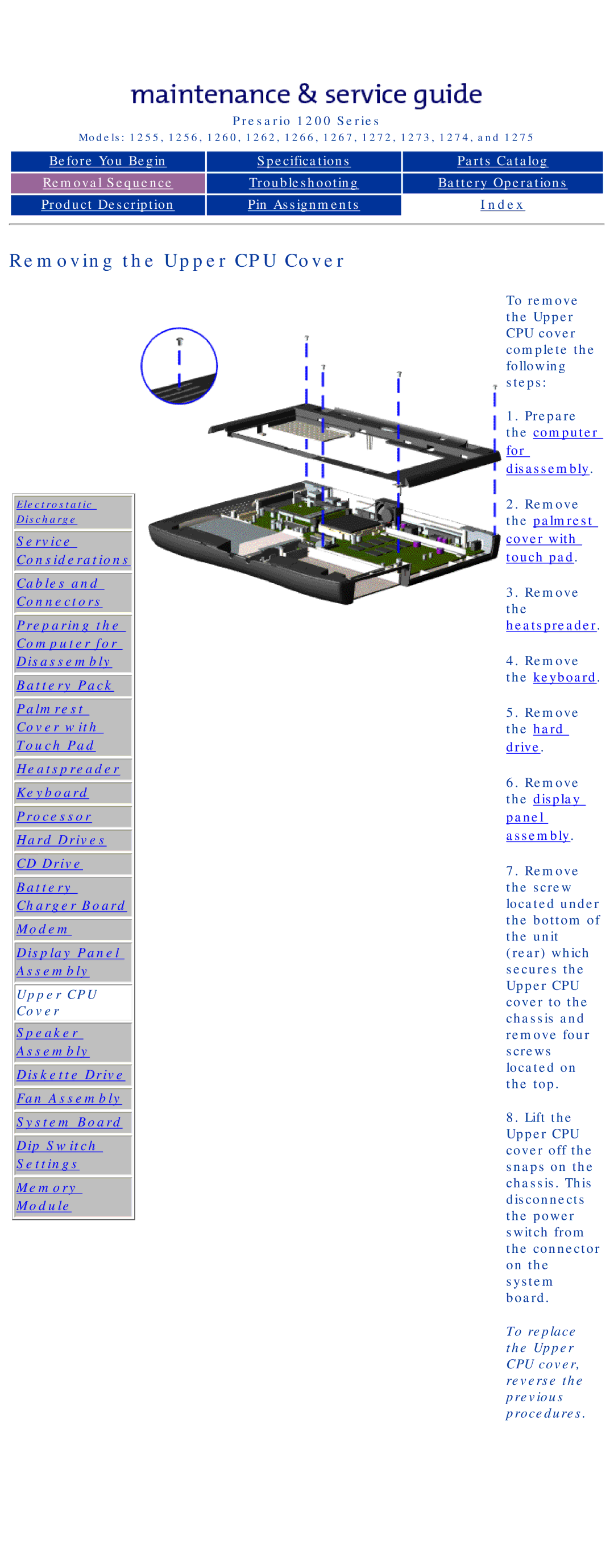 Compaq 1266, 1275, 1272, 1267, 1274, 1273, 1262, 1260, 1255, 1256 manual Removing the Upper CPU Cover 