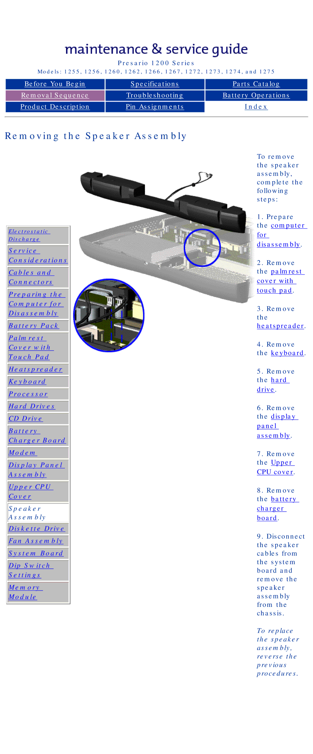 Compaq 1272, 1275, 1266, 1267, 1274, 1273, 1262, 1260, 1255, 1256 manual Removing the Speaker Assembly 