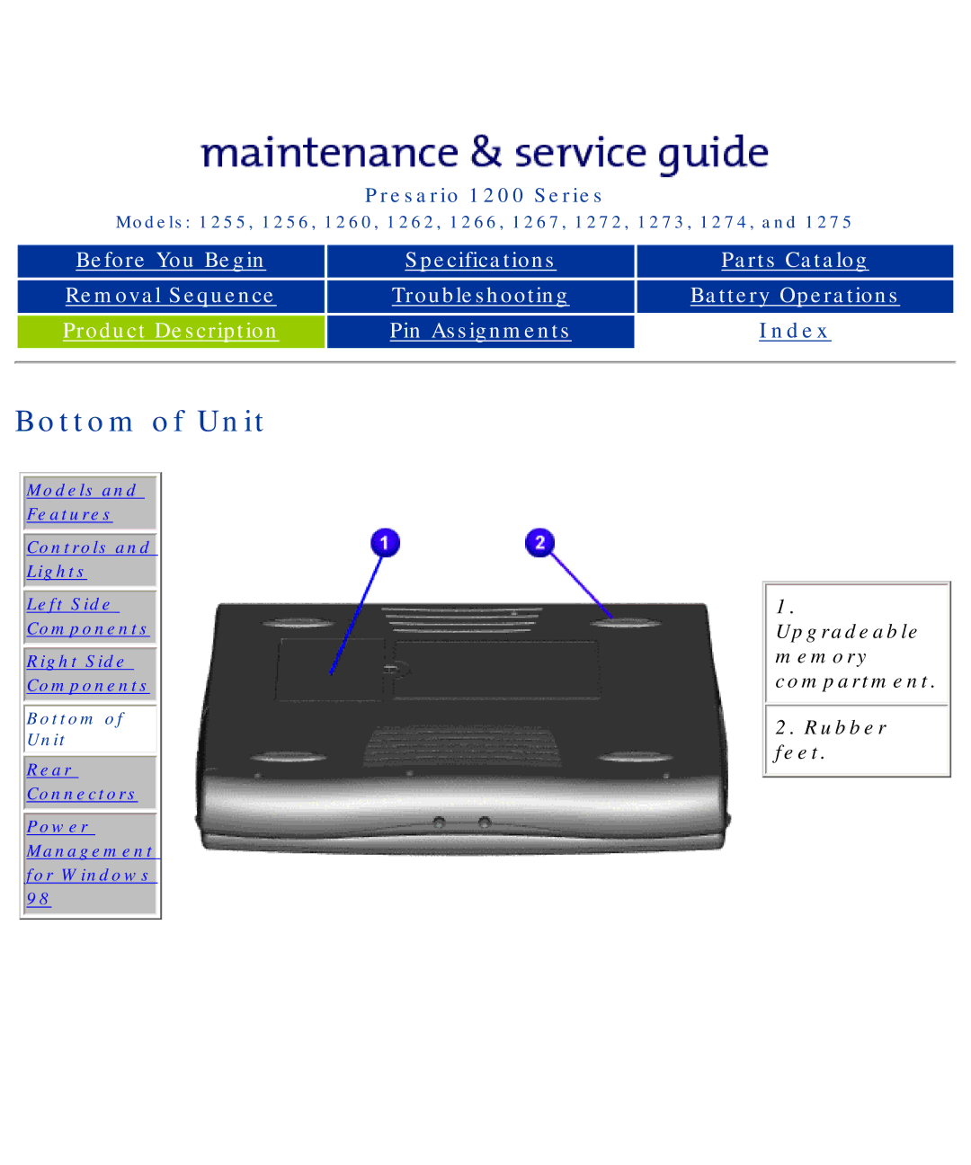 Compaq 1256, 1275, 1266, 1272, 1267, 1274, 1273, 1262, 1260, 1255 manual Bottom of Unit, Rubber feet 