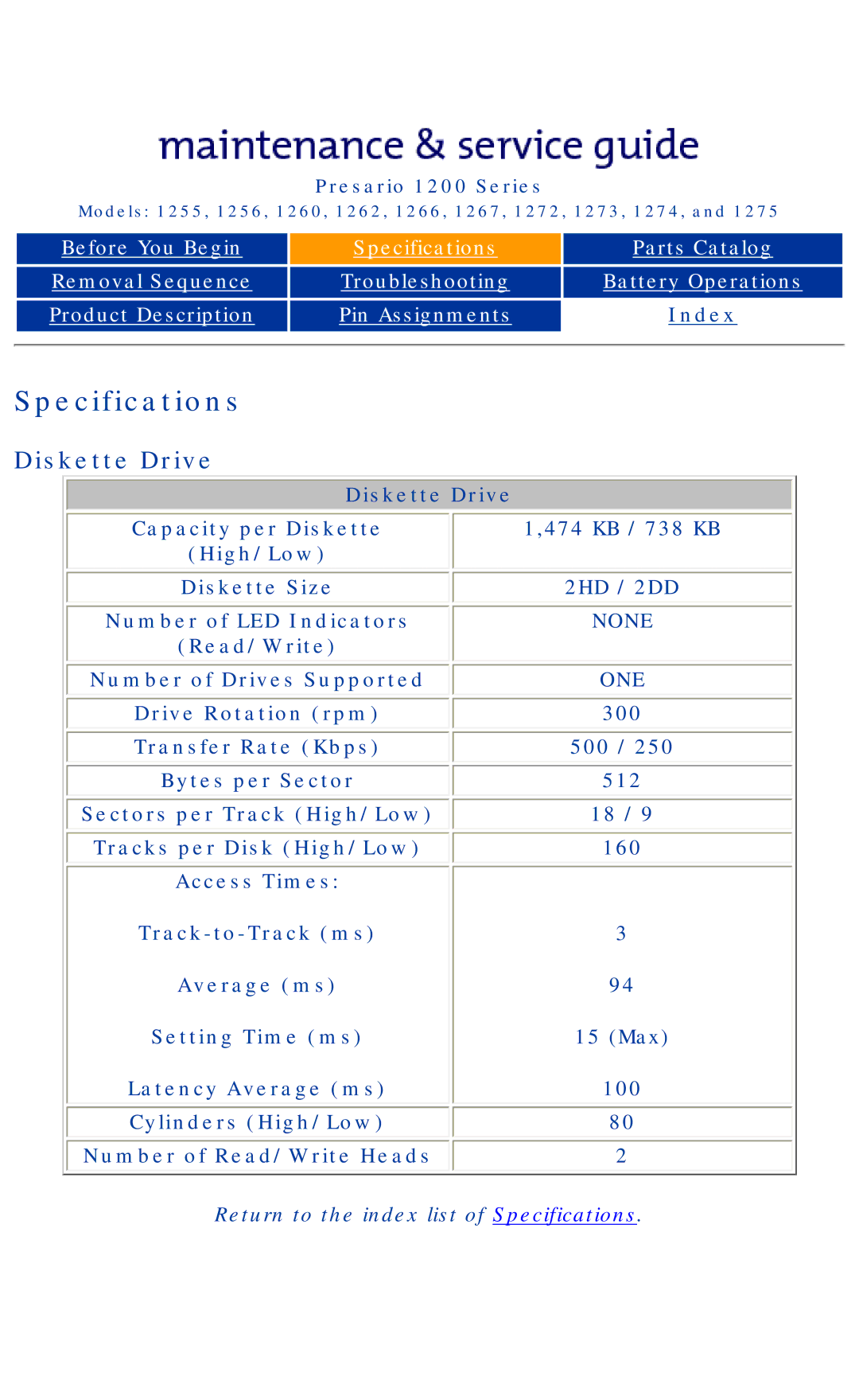 Compaq 1272 Diskette Drive Capacity per Diskette, Diskette Size, Read/Write Number of Drives Supported, Transfer Rate Kbps 