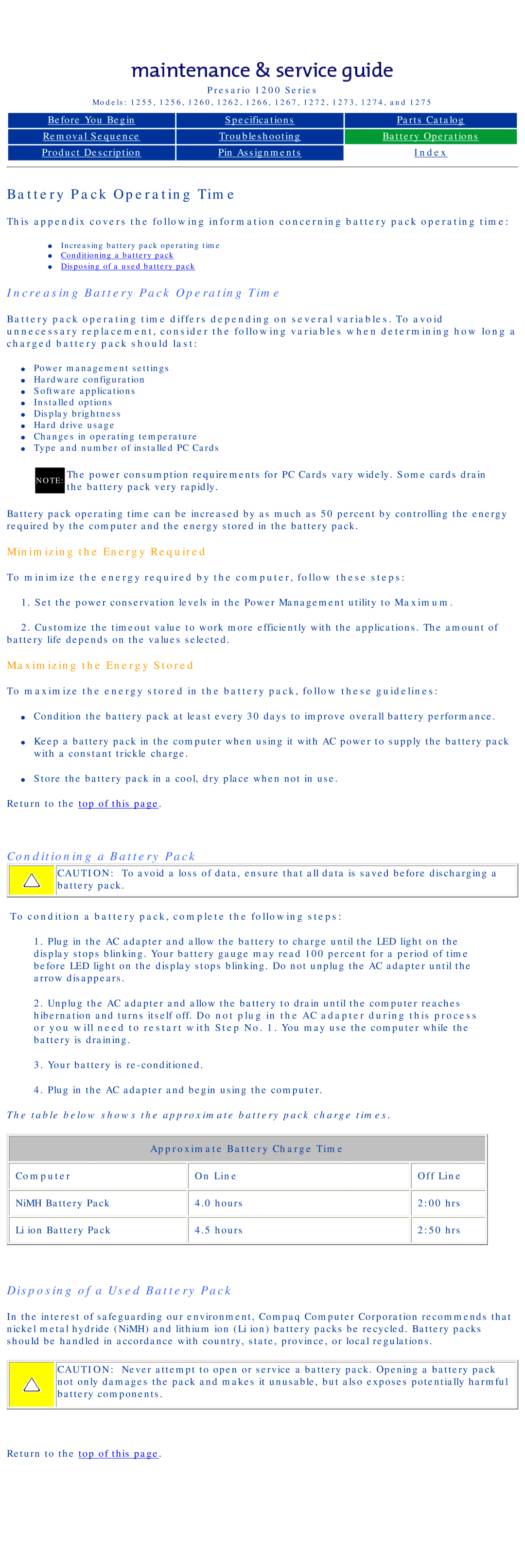 Compaq 1262 Increasing Battery Pack Operating Time, Conditioning a Battery Pack, Disposing of a Used Battery Pack 