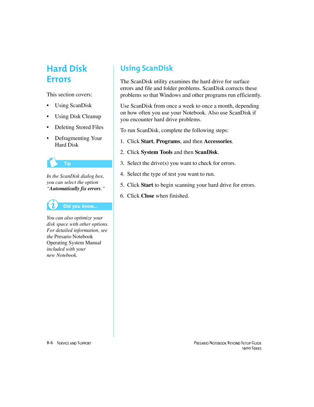 Compaq 1400 manual Hard Disk Errors, Using ScanDisk 