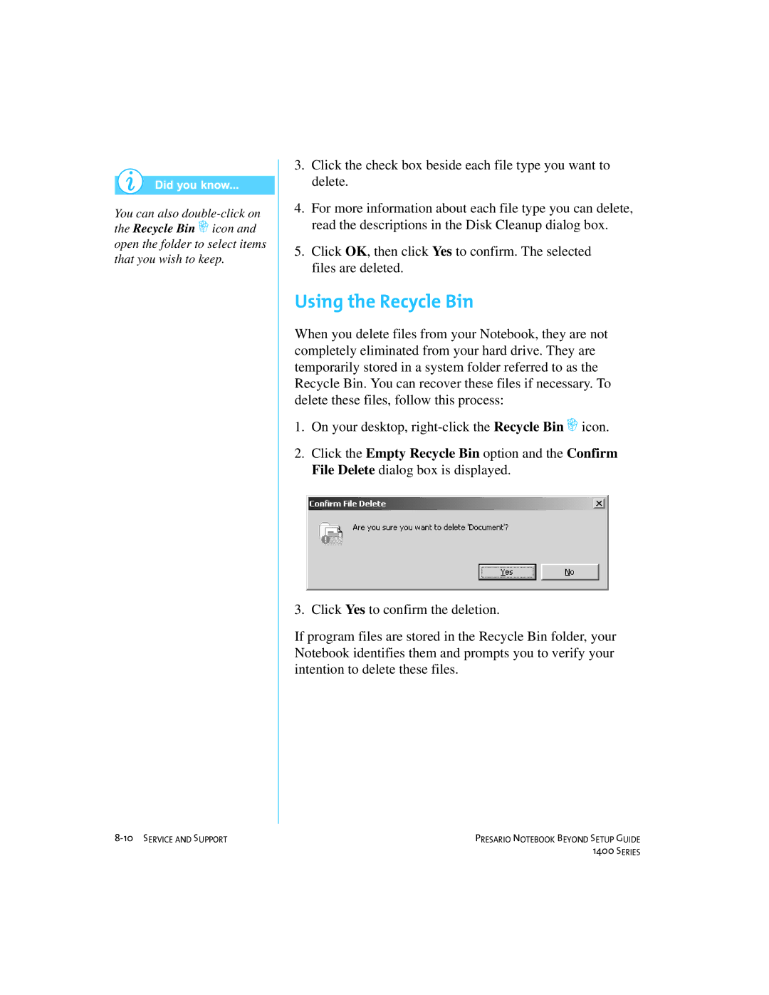 Compaq 1400 manual Using the Recycle Bin 