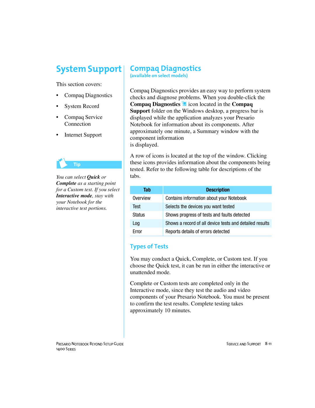 Compaq 1400 manual System Support, Compaq Diagnostics, Types of Tests 