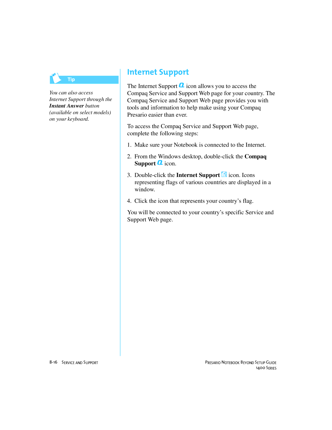 Compaq 1400 manual Internet Support 