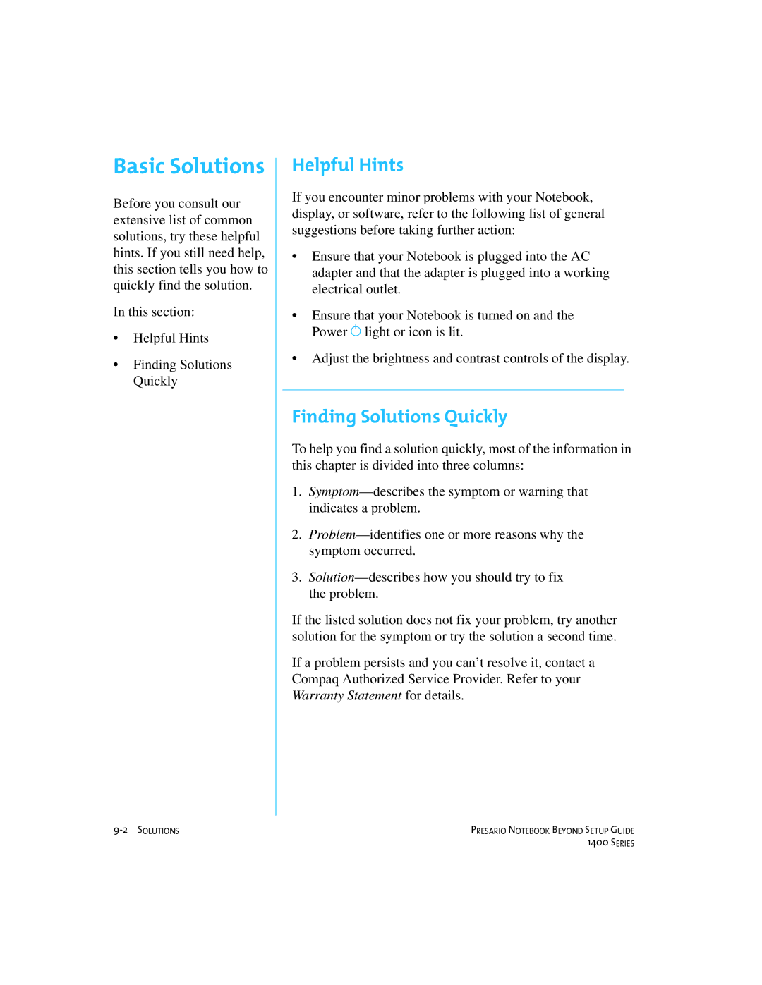 Compaq 1400 manual Basic Solutions, Helpful Hints, Finding Solutions Quickly 