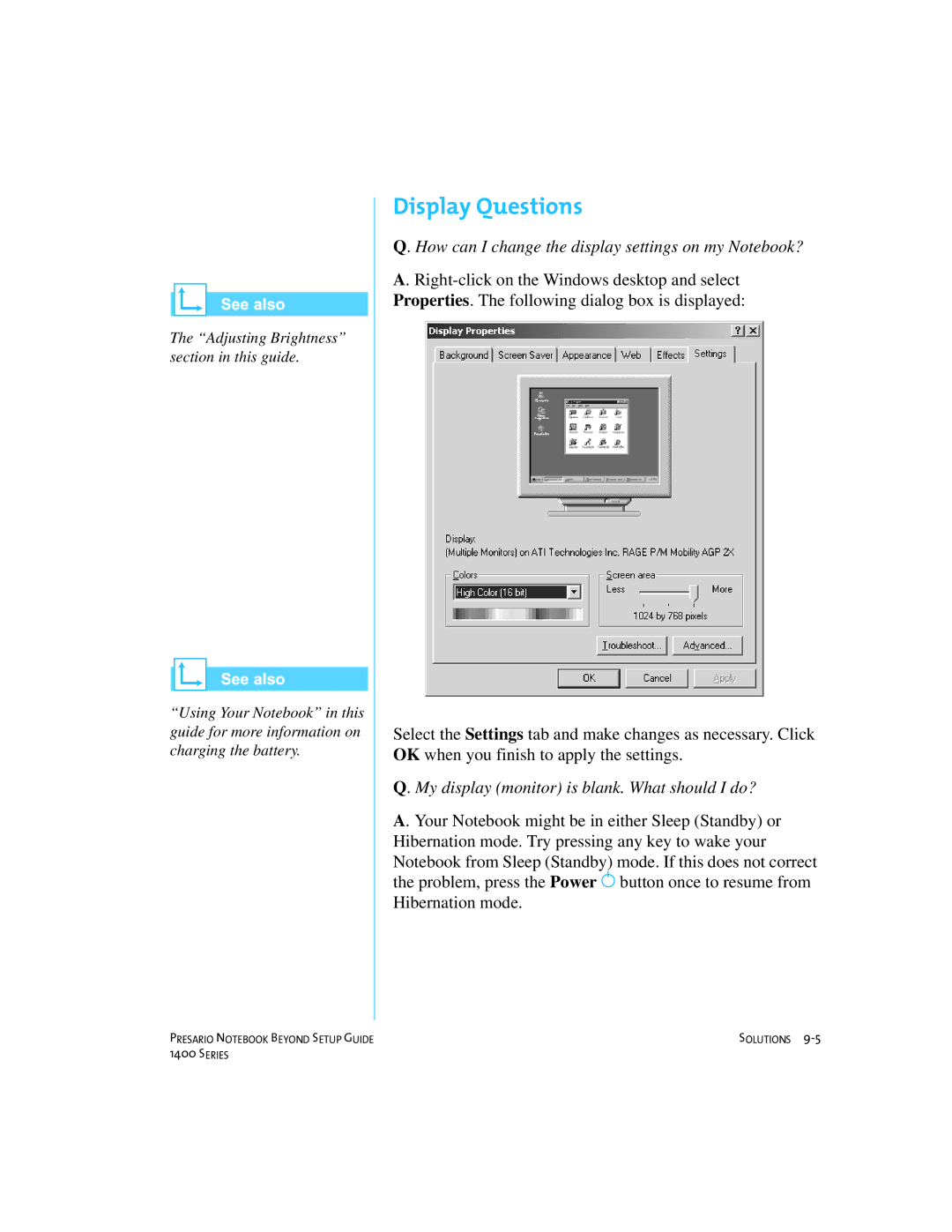 Compaq 1400 manual Display Questions, How can I change the display settings on my Notebook? 