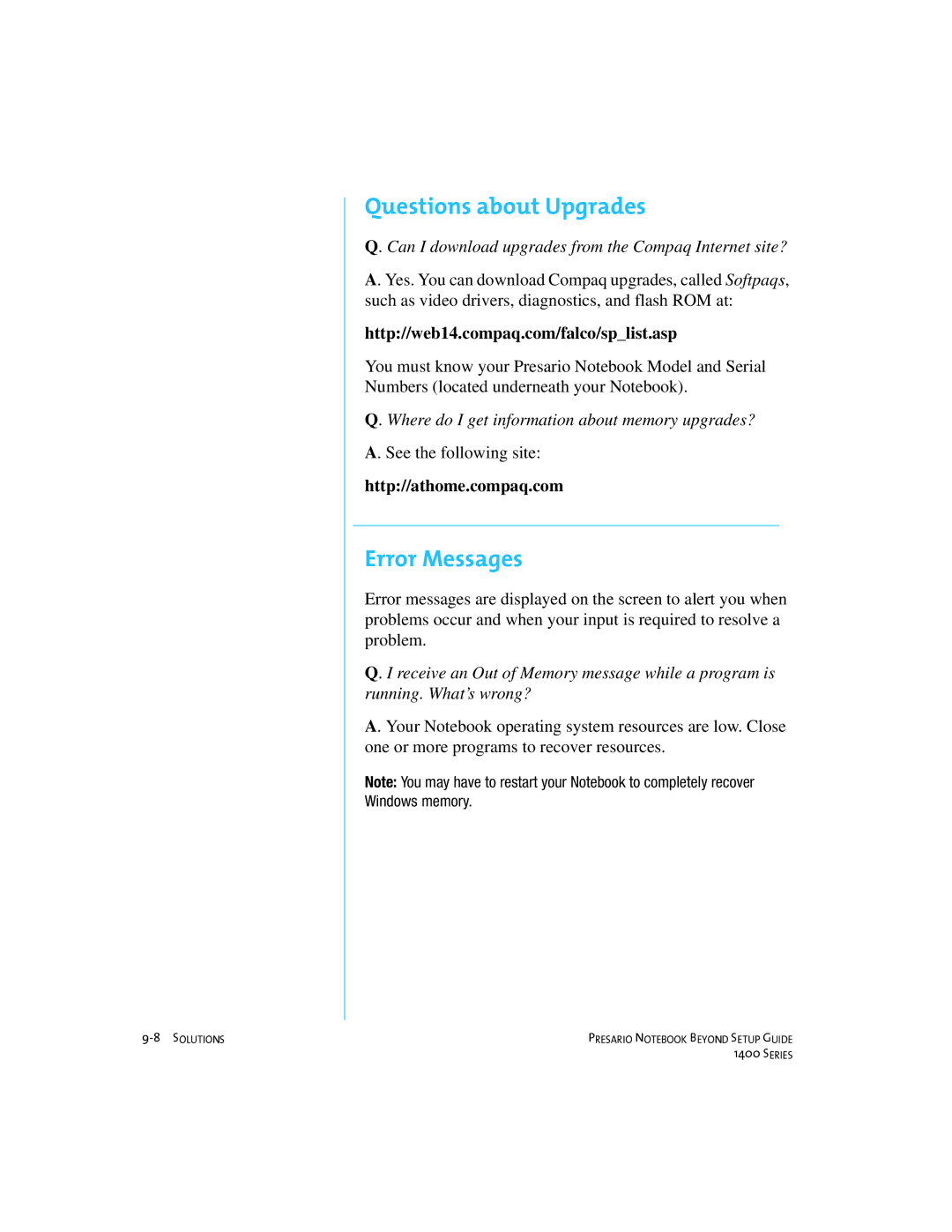 Compaq 1400 manual Questions about Upgrades, Error Messages, Can I download upgrades from the Compaq Internet site? 