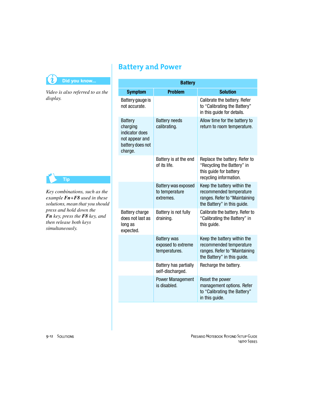 Compaq 1400 manual Battery and Power, Video is also referred to as the display 