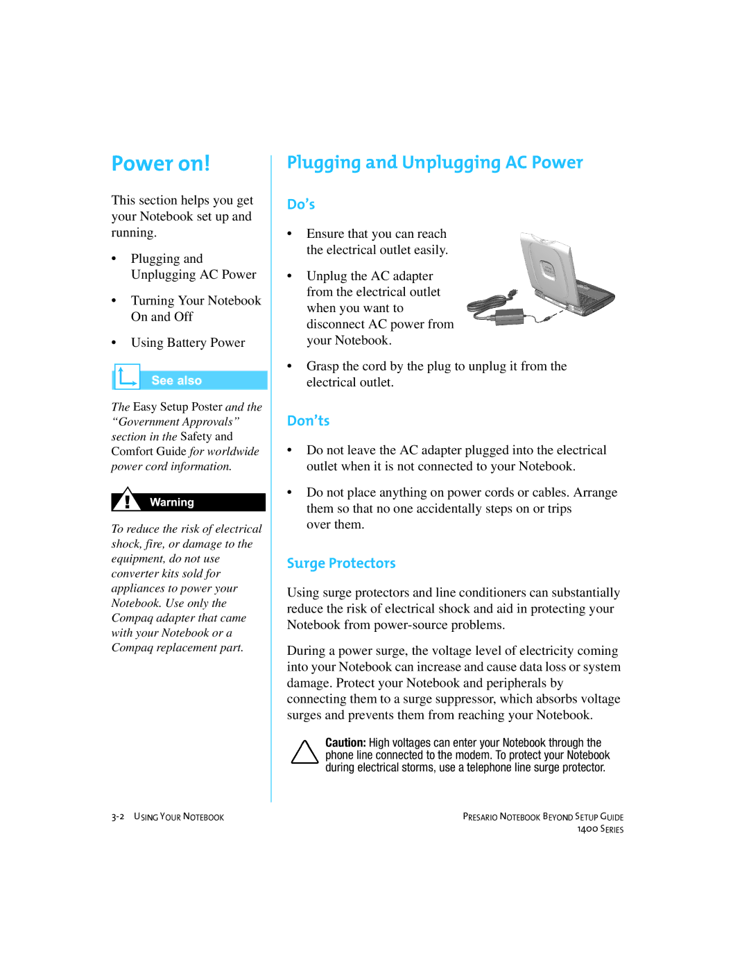 Compaq 1400 manual Power on, Plugging and Unplugging AC Power, Do’s, Don’ts, Surge Protectors 