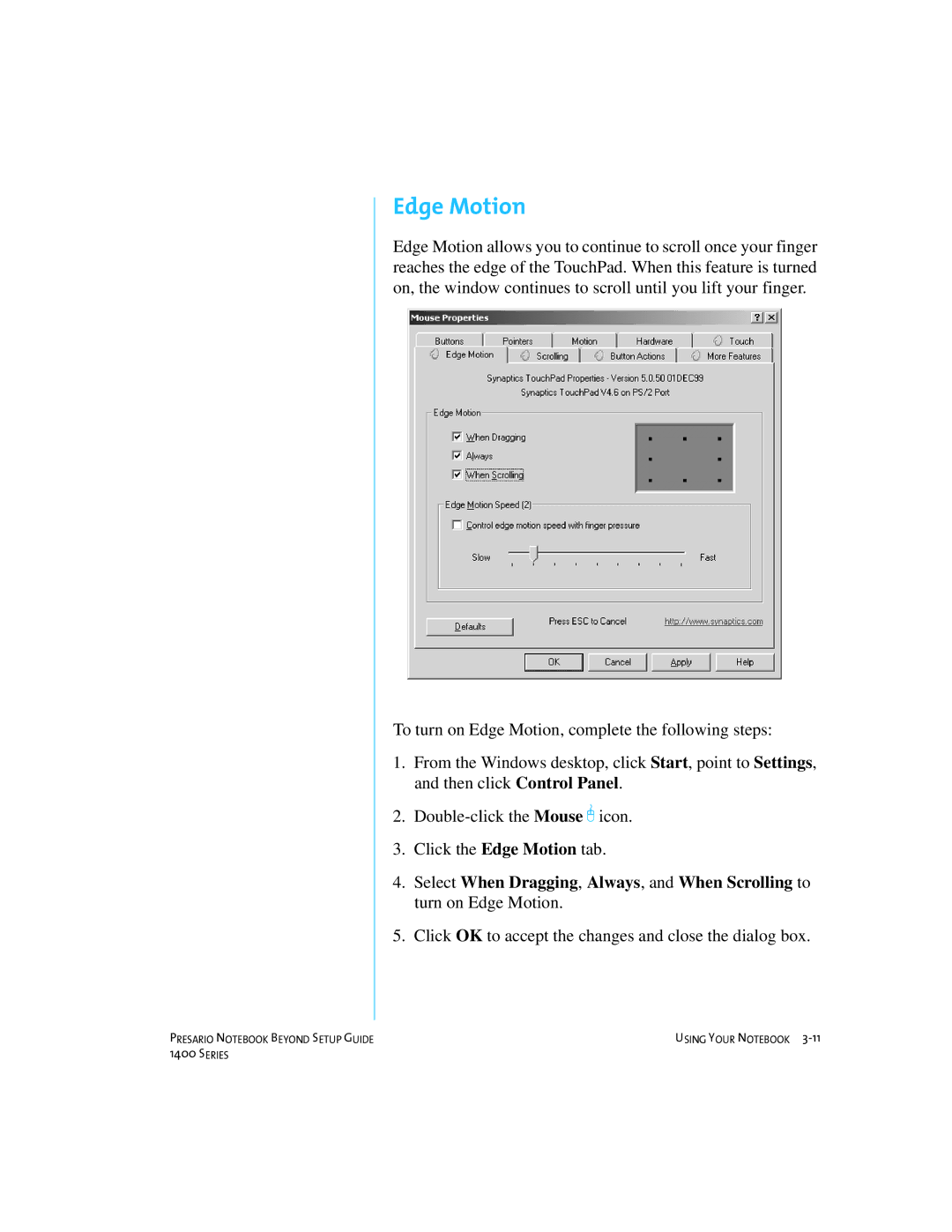 Compaq 1400 manual Edge Motion 