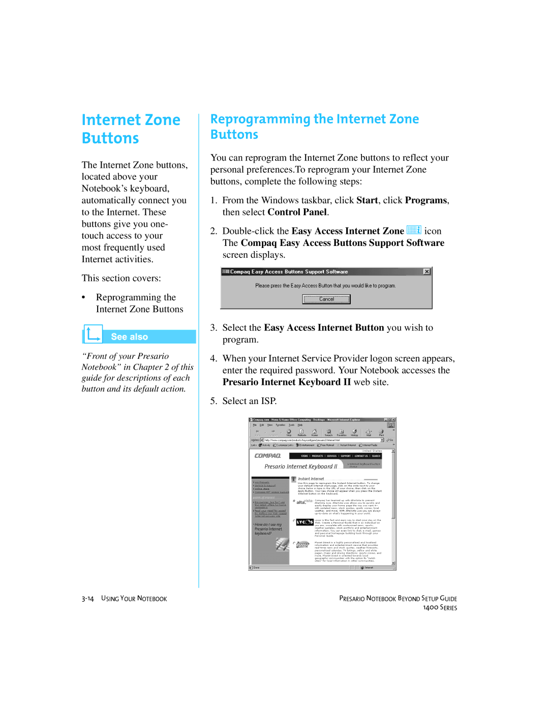 Compaq 1400 manual Reprogramming the Internet Zone Buttons 