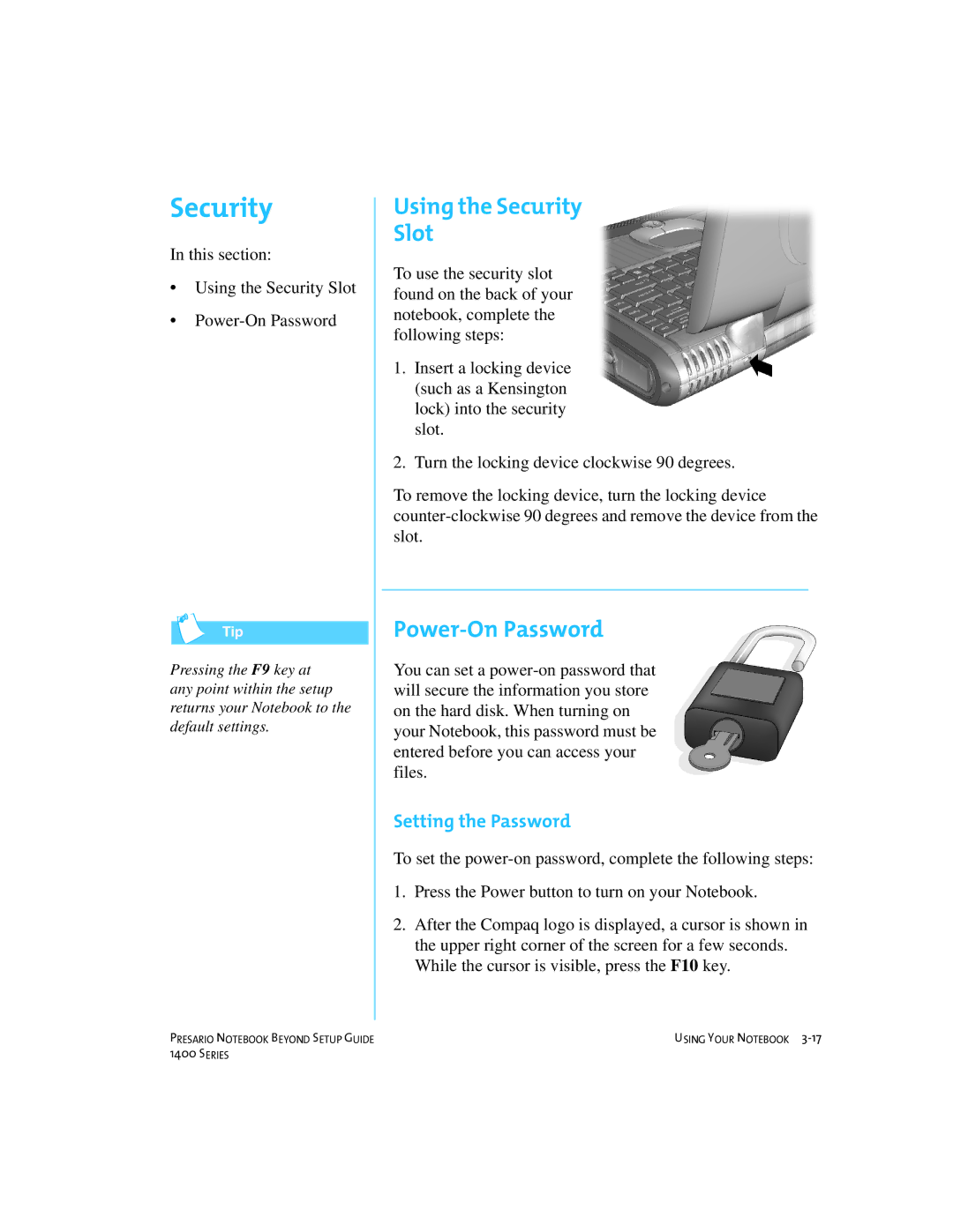 Compaq 1400 manual Using the Security Slot, Power-On Password, Setting the Password 