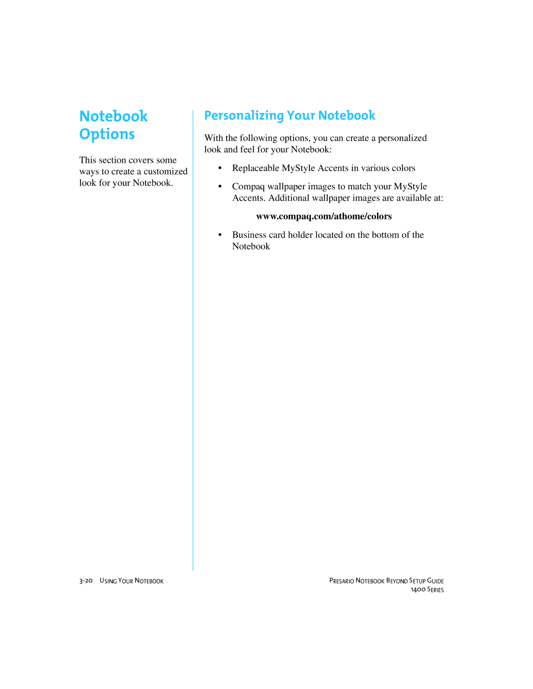 Compaq 1400 manual Options, Personalizing Your Notebook 