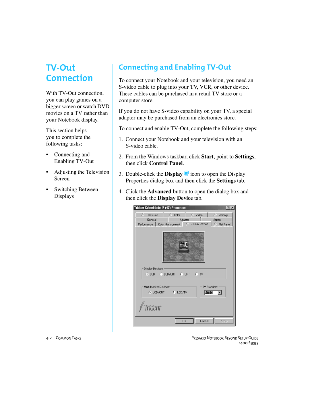 Compaq 1400 manual TV-Out Connection, Connecting and Enabling TV-Out 