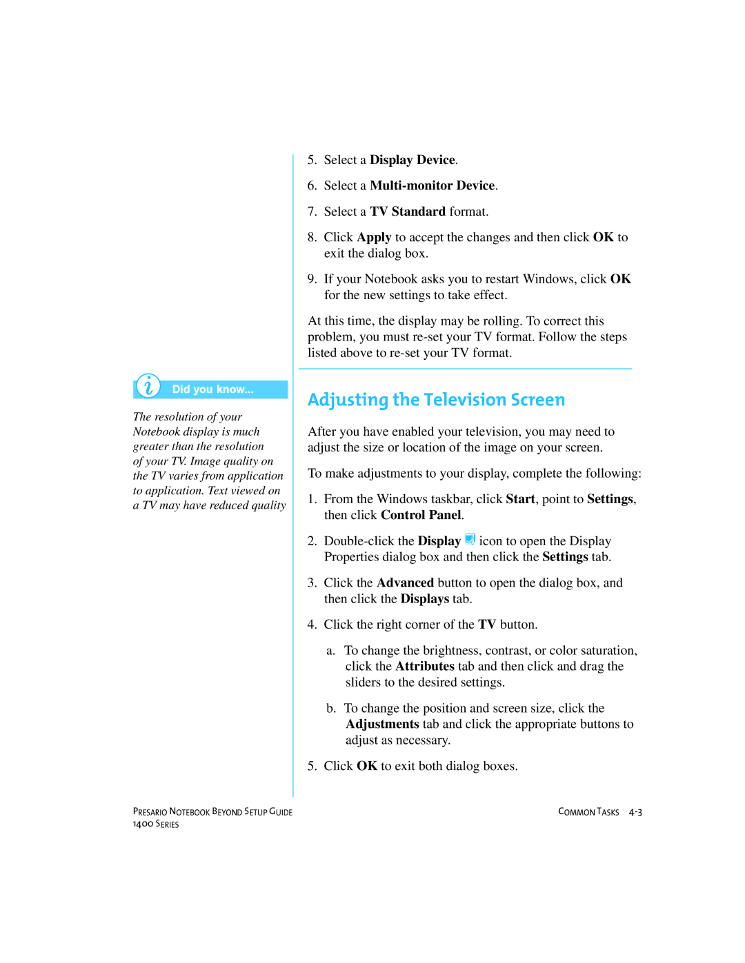 Compaq 1400 manual Adjusting the Television Screen, Select a Display Device Select a Multi-monitor Device 