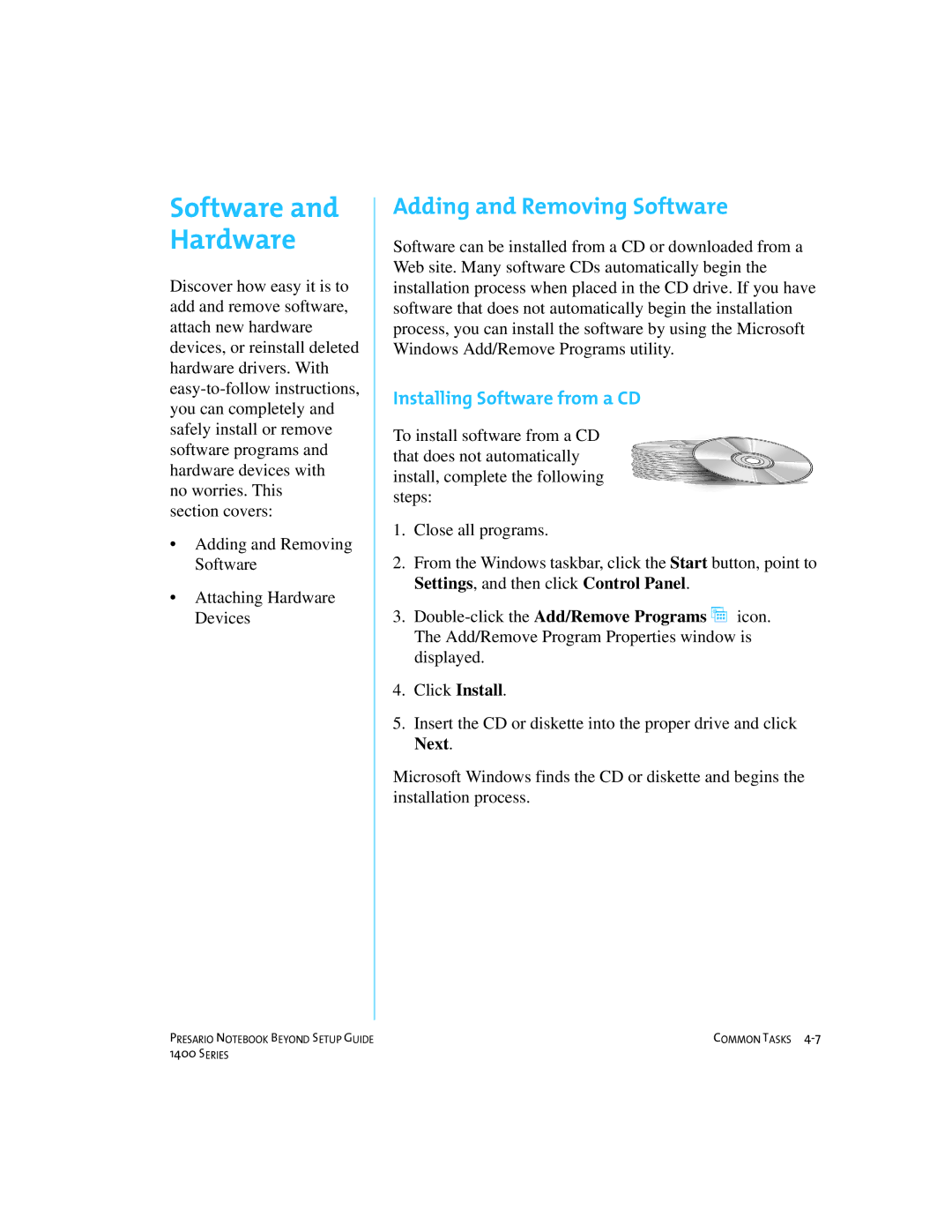 Compaq 1400 manual Software and Hardware, Adding and Removing Software, Installing Software from a CD 