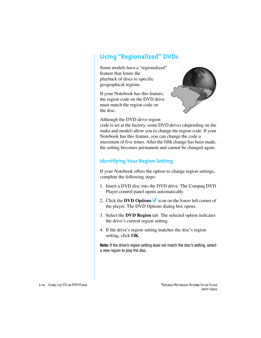 Compaq 1400 manual Using Regionalized DVDs, Identifying Your Region Setting 