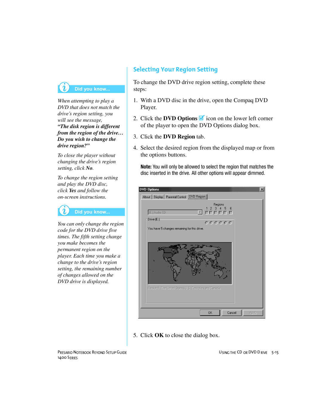 Compaq 1400 manual Selecting Your Region Setting 