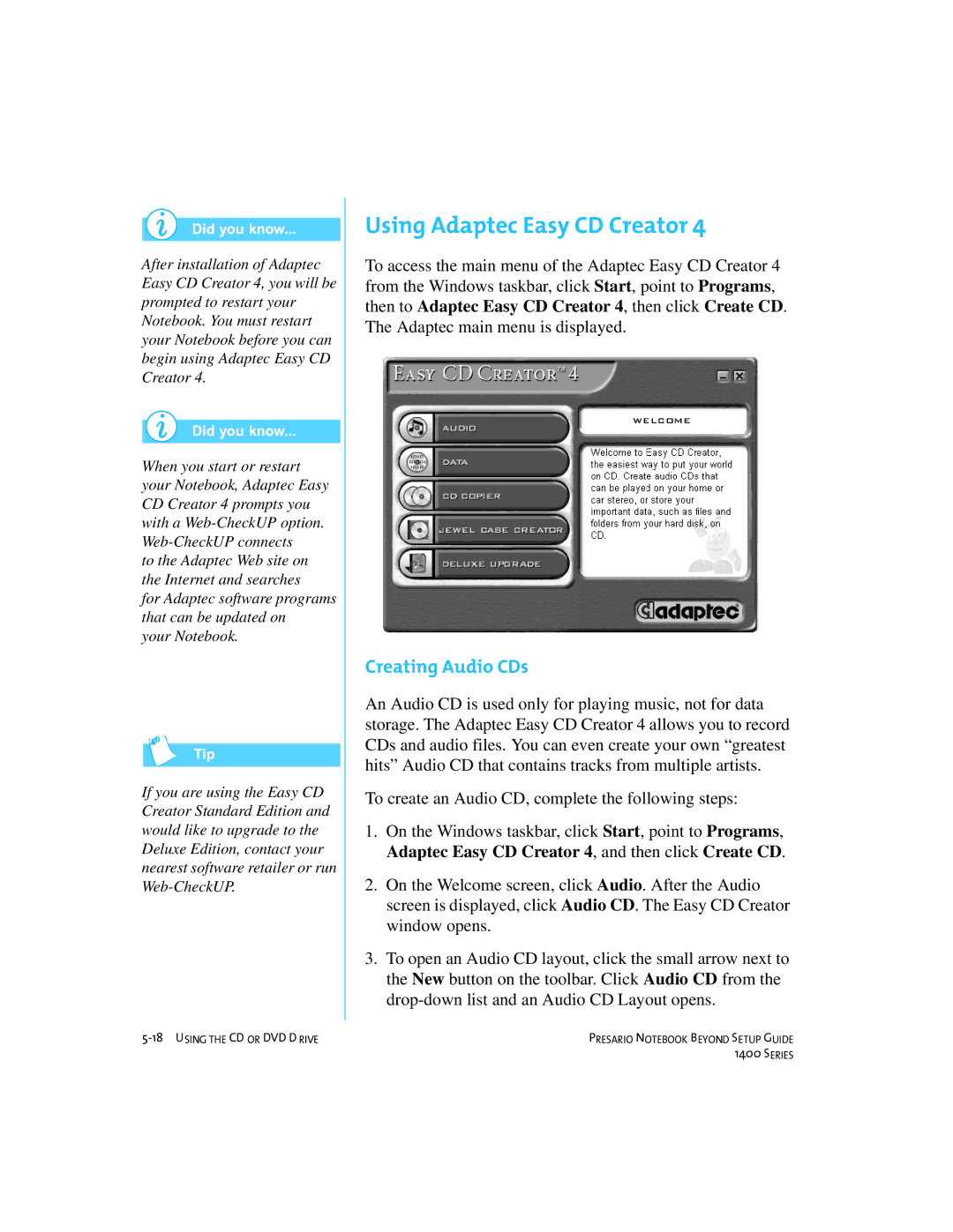 Compaq 1400 manual Using Adaptec Easy CD Creator, Creating Audio CDs 