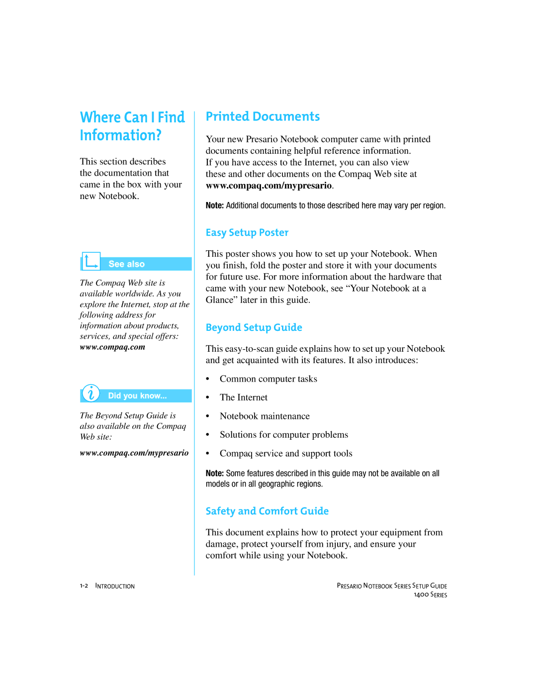 Compaq 1400 manual Printed Documents, Easy Setup Poster, Beyond Setup Guide, Safety and Comfort Guide 
