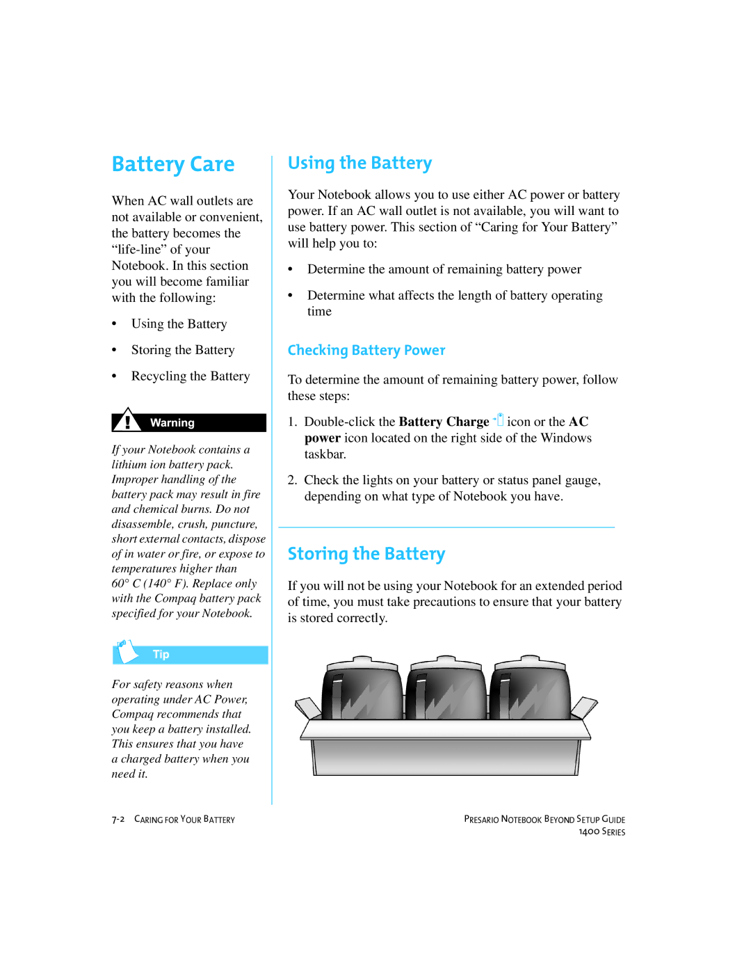 Compaq 1400 manual Battery Care, Using the Battery, Storing the Battery, Checking Battery Power 