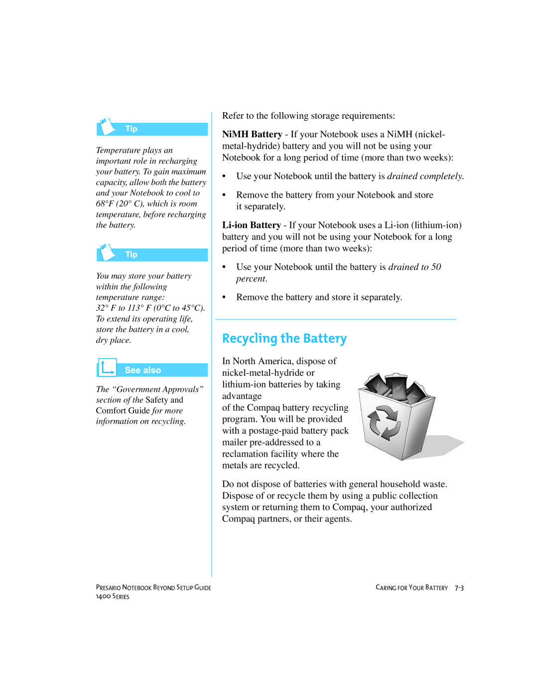Compaq 1400 manual Recycling the Battery 