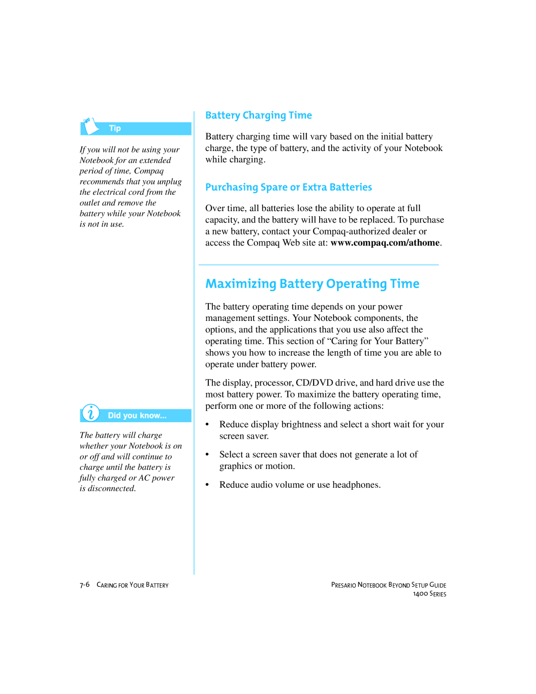 Compaq 1400 manual Maximizing Battery Operating Time, Battery Charging Time, Purchasing Spare or Extra Batteries 