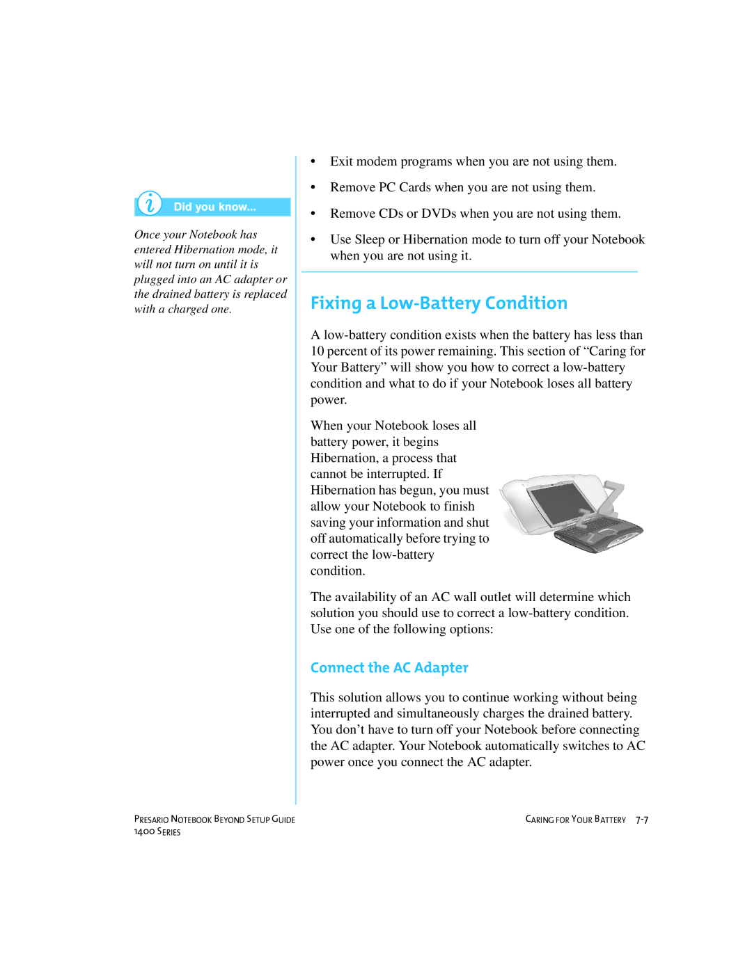 Compaq 1400 manual Fixing a Low-Battery Condition, Connect the AC Adapter 