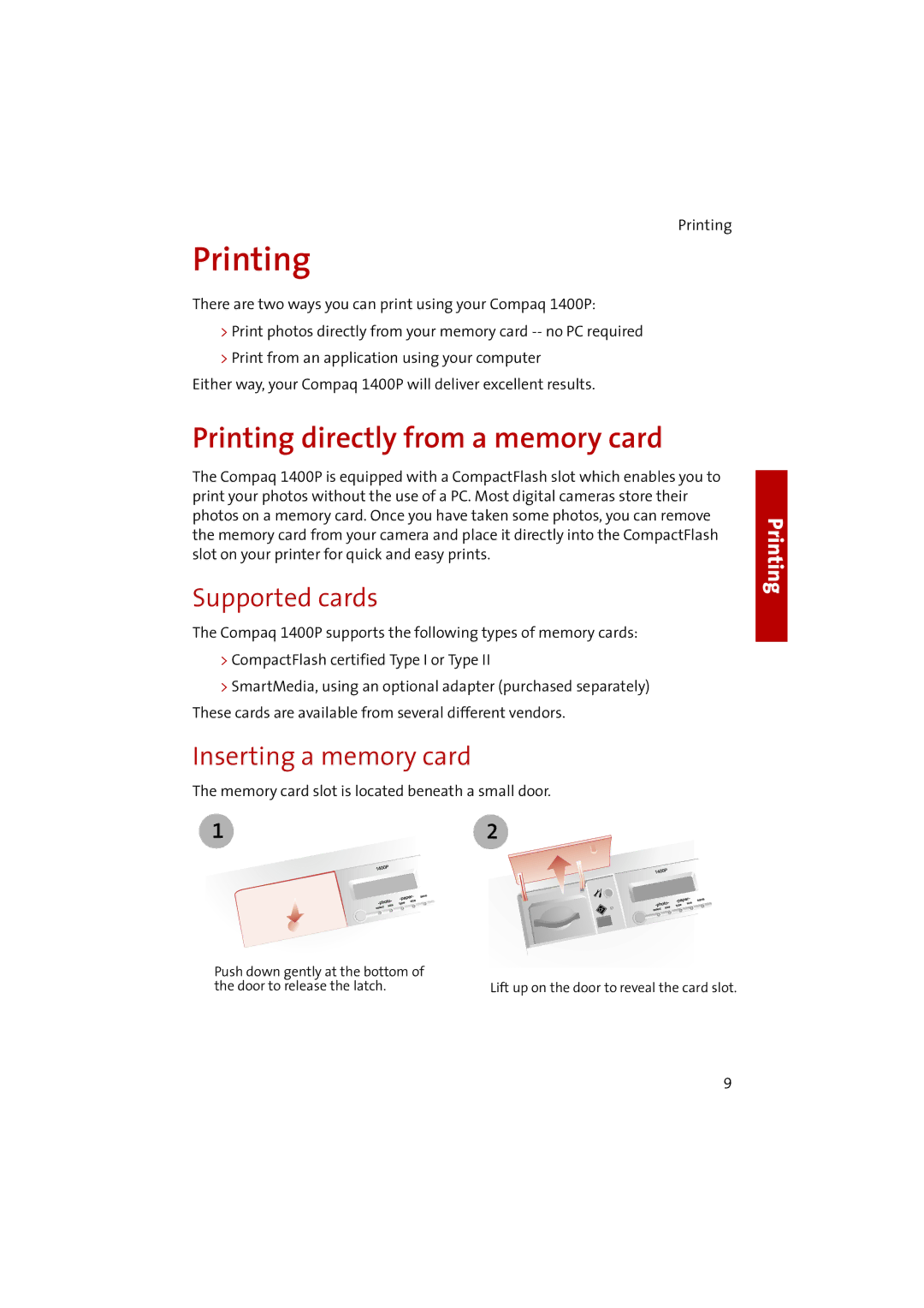 Compaq 1400P manual Printing directly from a memory card, Supported cards, Inserting a memory card 