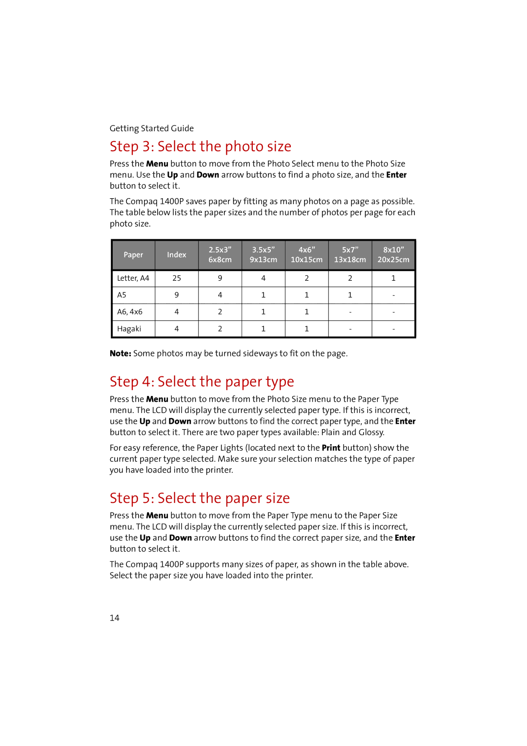 Compaq 1400P manual Select the photo size, Select the paper type, Select the paper size 