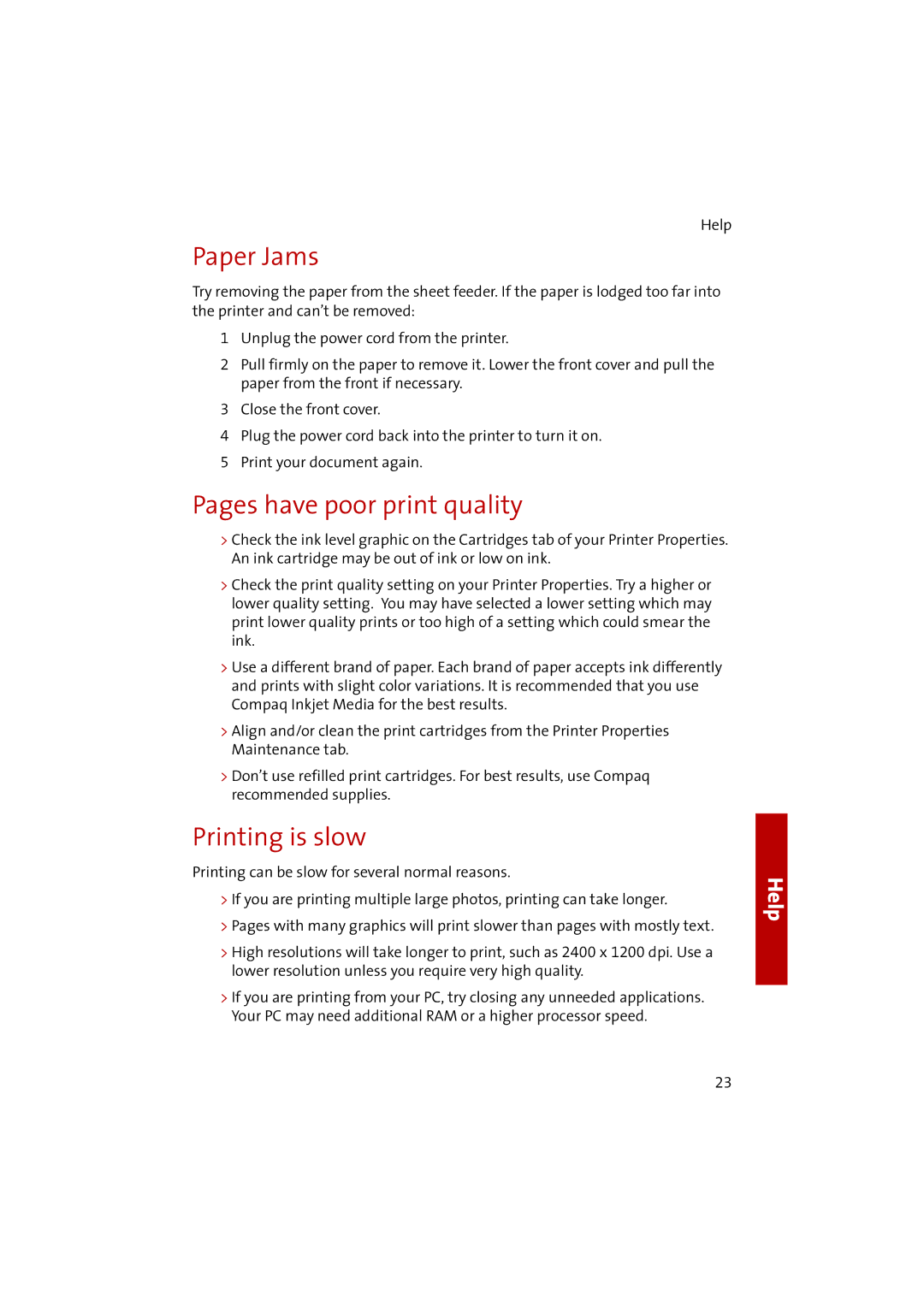 Compaq 1400P manual Paper Jams, Pages have poor print quality, Printing is slow 