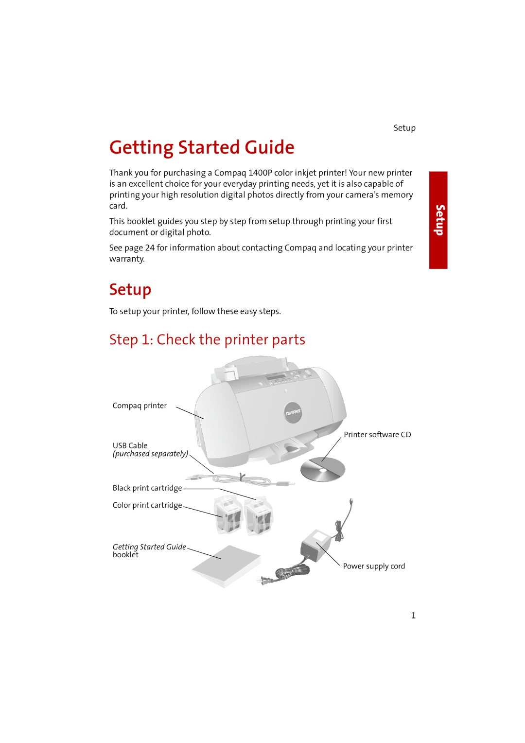 Compaq 1400P manual Setup, Check the printer parts 