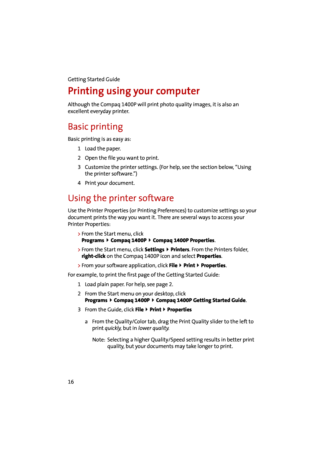 Compaq 1400P manual Printing using your computer, Basic printing, Using the printer software 