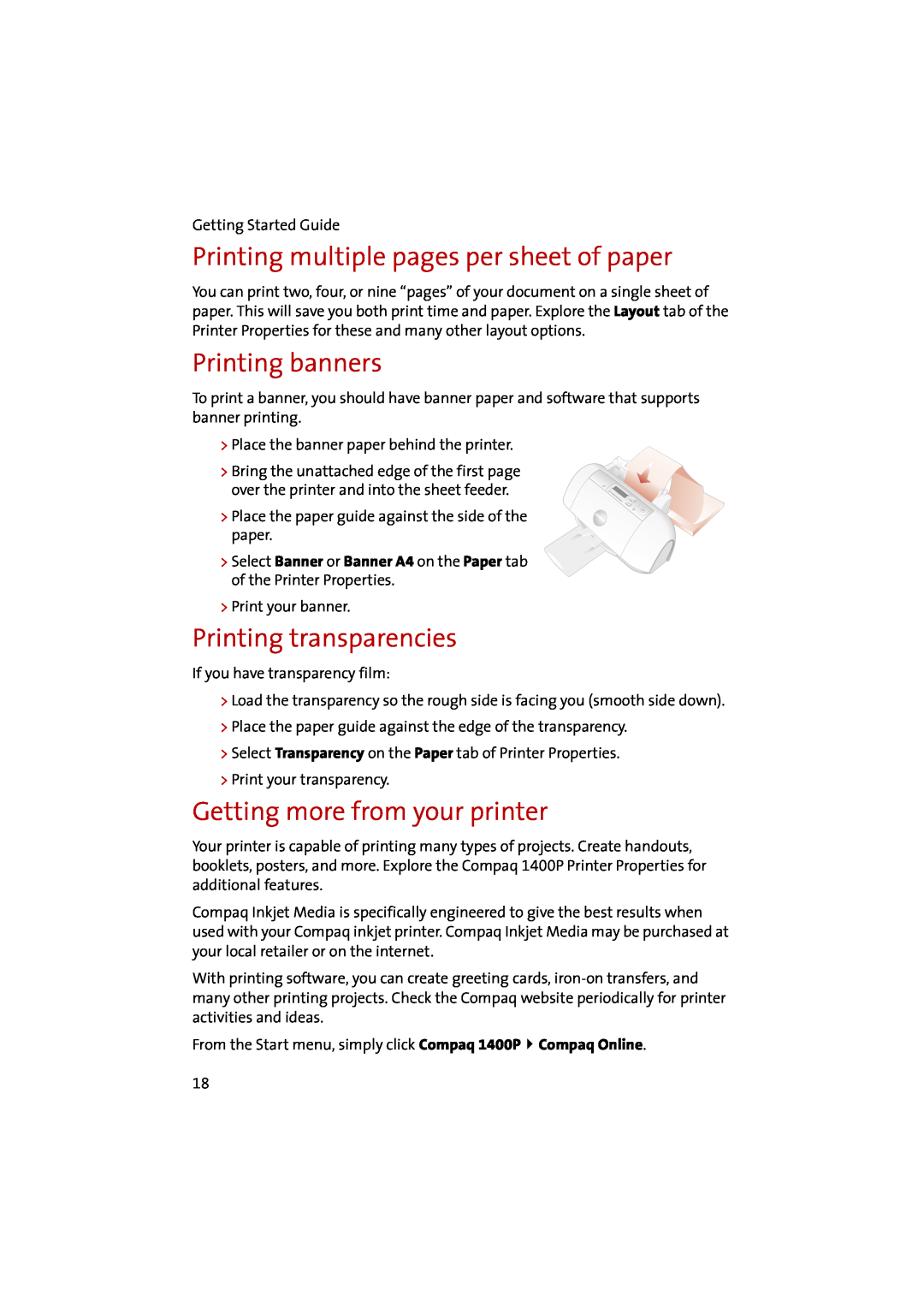 Compaq 1400P manual Printing multiple pages per sheet of paper, Printing banners, Printing transparencies 