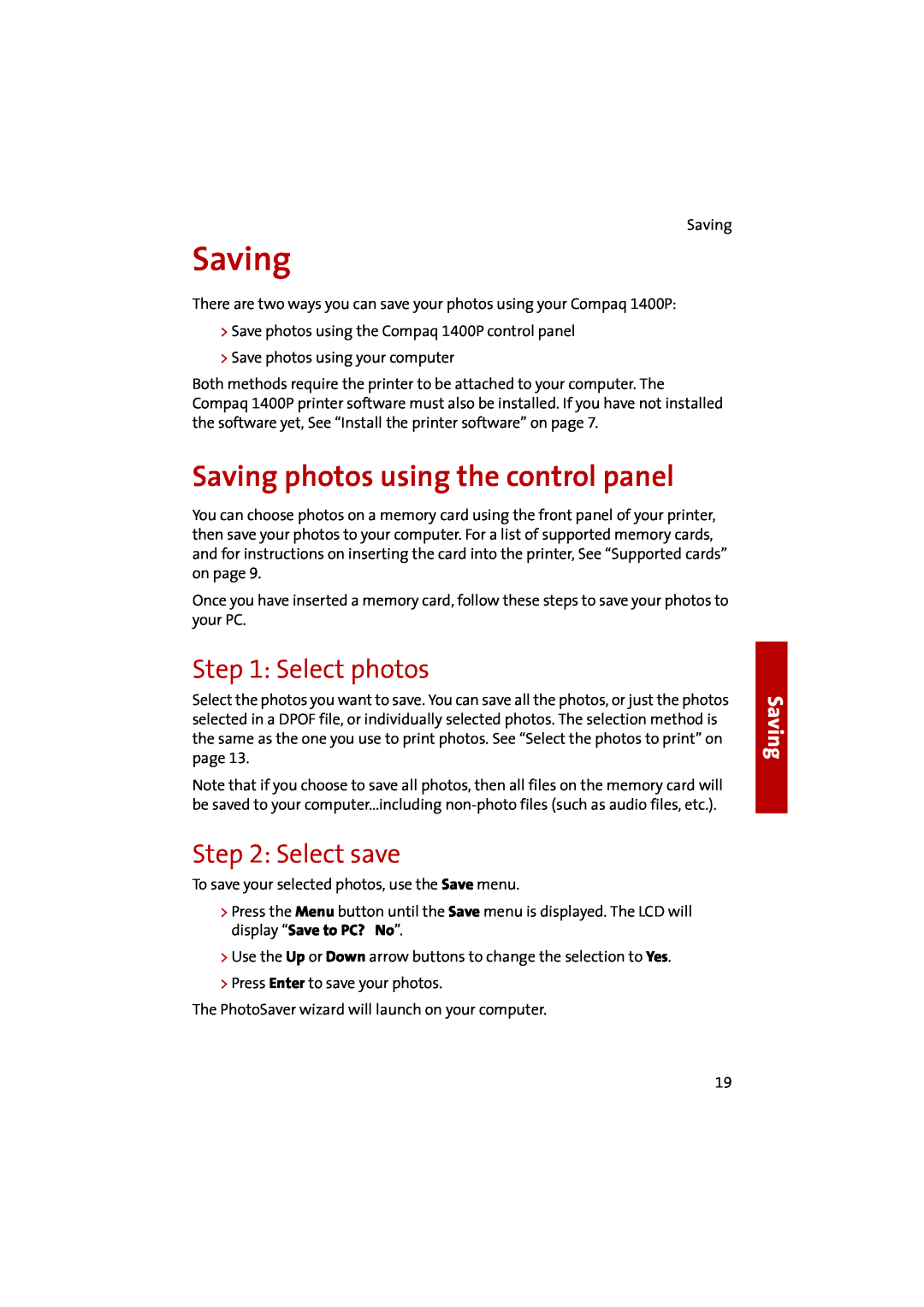 Compaq 1400P manual Saving photos using the control panel, Select photos, Select save 