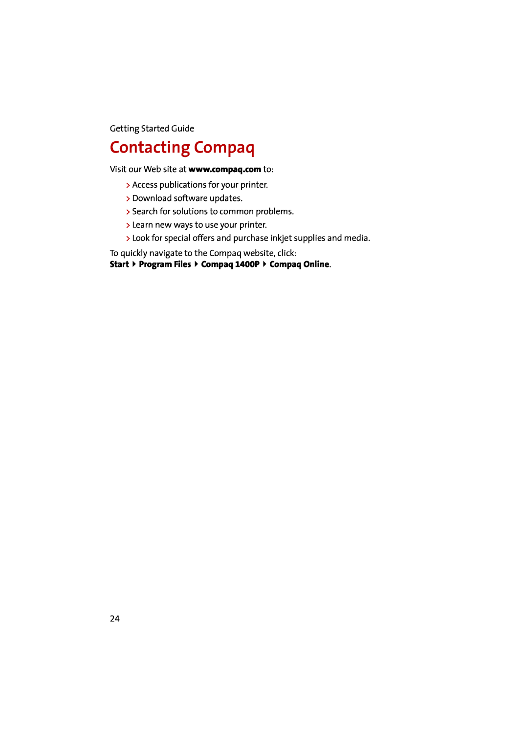 Compaq manual Contacting Compaq, Start Program Files Compaq 1400P Compaq Online 