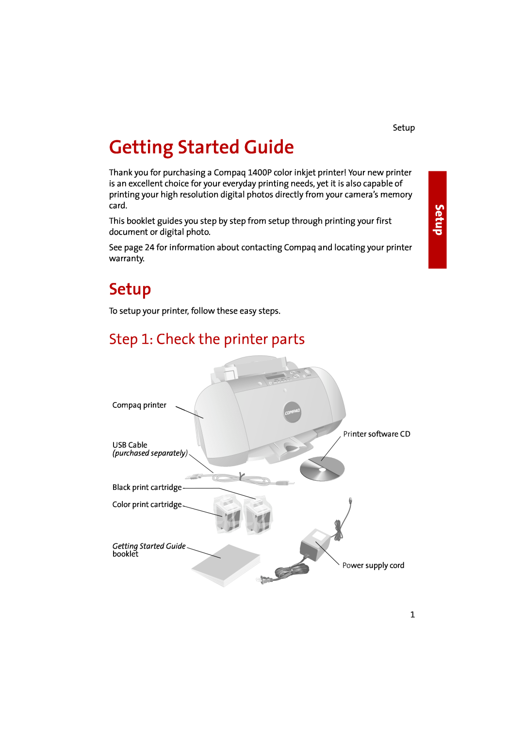 Compaq 1400P manual Getting Started Guide, Setup, Check the printer parts 