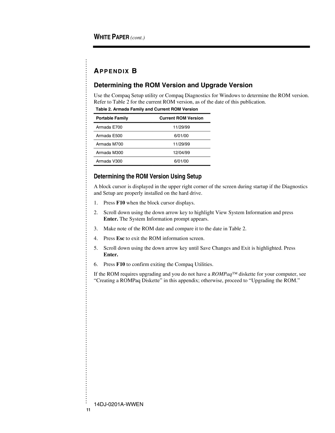 Compaq 14DJ-0201A-WWEN appendix Determining the ROM Version and Upgrade Version, Determining the ROM Version Using Setup 