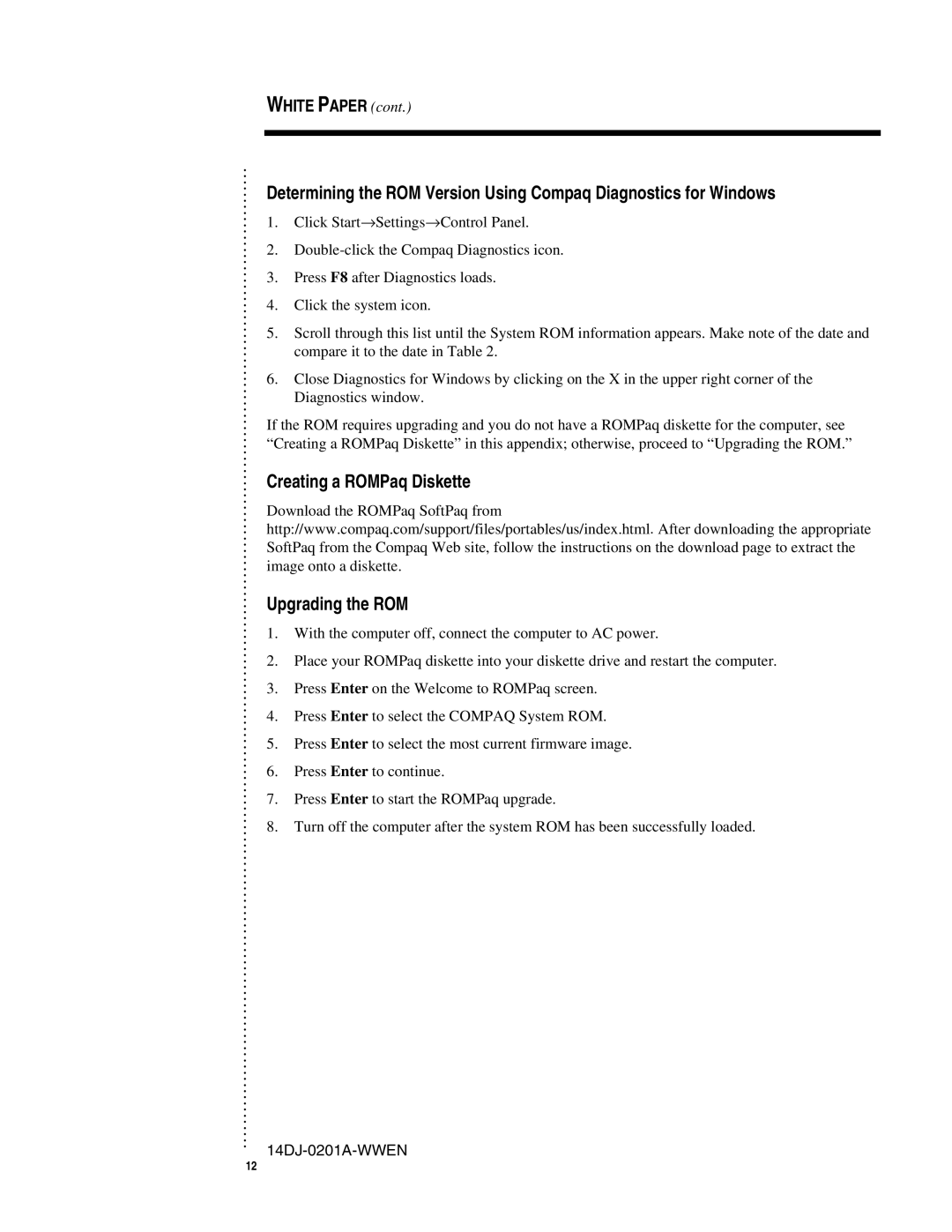 Compaq 14DJ-0201A-WWEN appendix Creating a ROMPaq Diskette Upgrading the ROM 