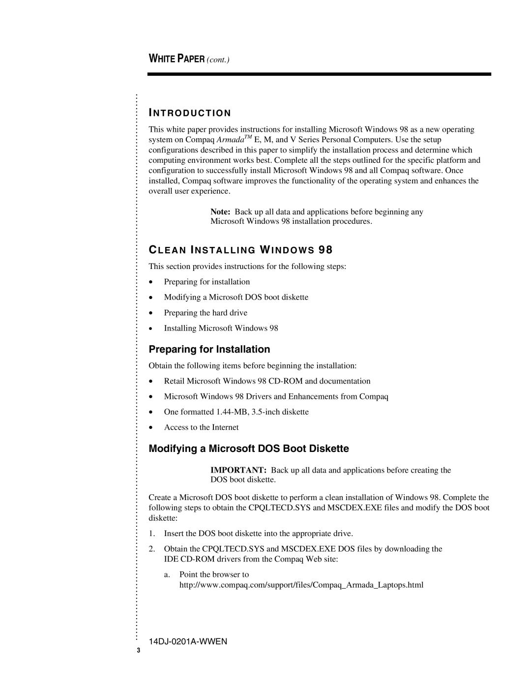 Compaq 14DJ-0201A-WWEN appendix Preparing for Installation, Modifying a Microsoft DOS Boot Diskette 