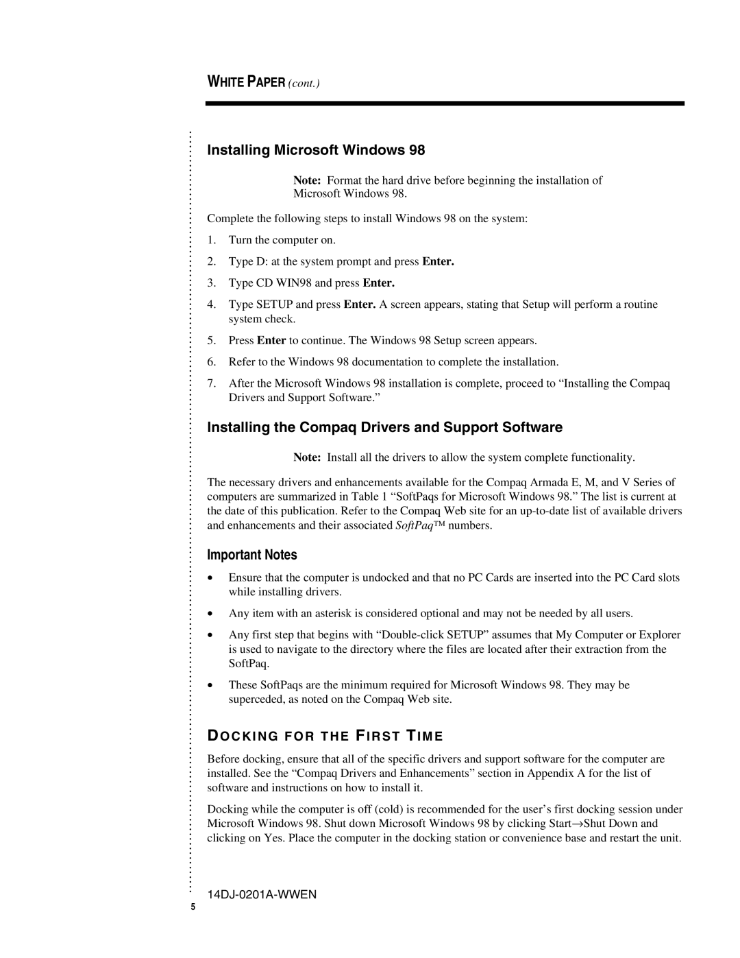 Compaq 14DJ-0201A-WWEN Installing Microsoft Windows, Installing the Compaq Drivers and Support Software, Important Notes 