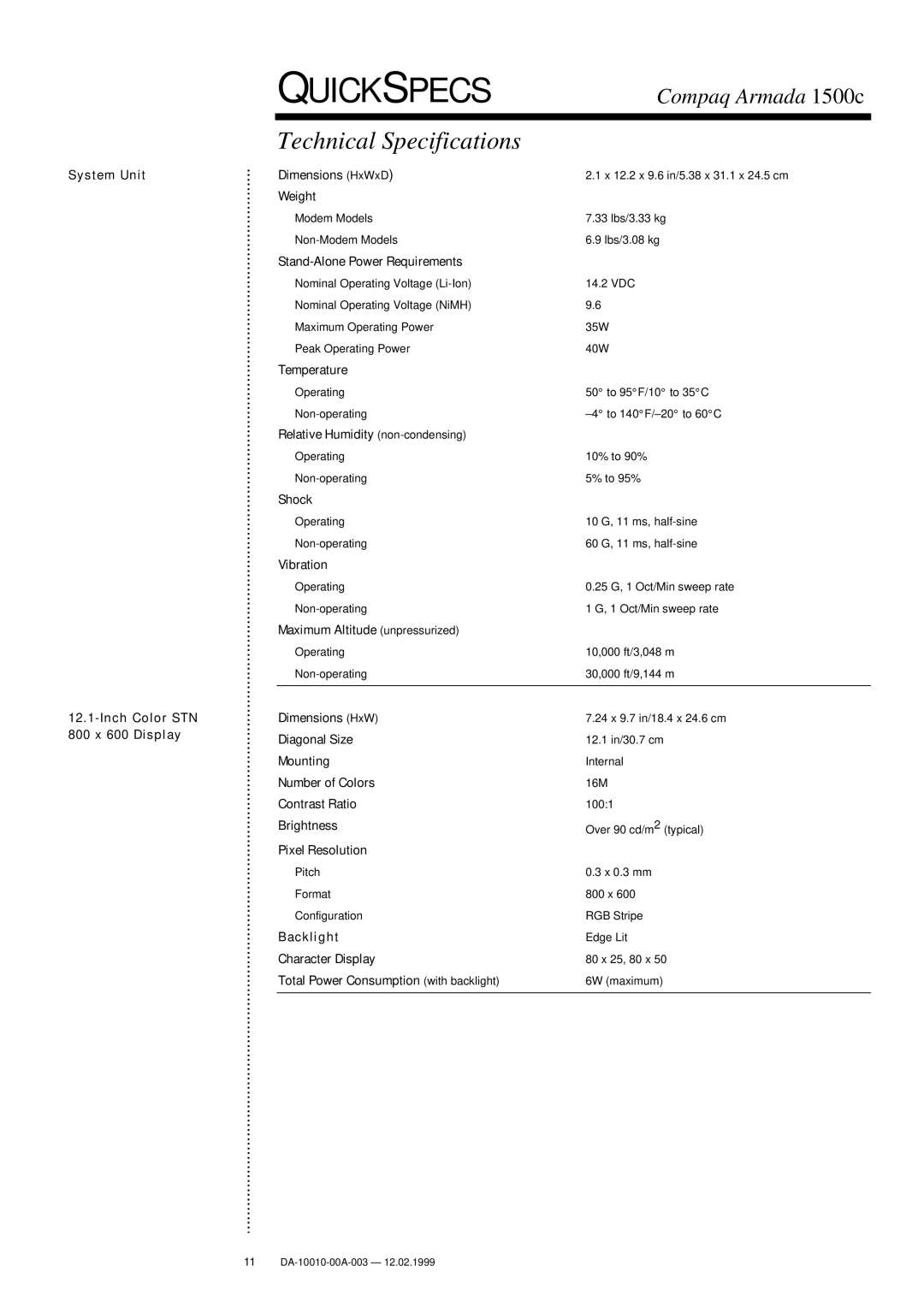 Compaq 1500c warranty Technical Specifications, System Unit Inch Color STN 800 x 600 Display 