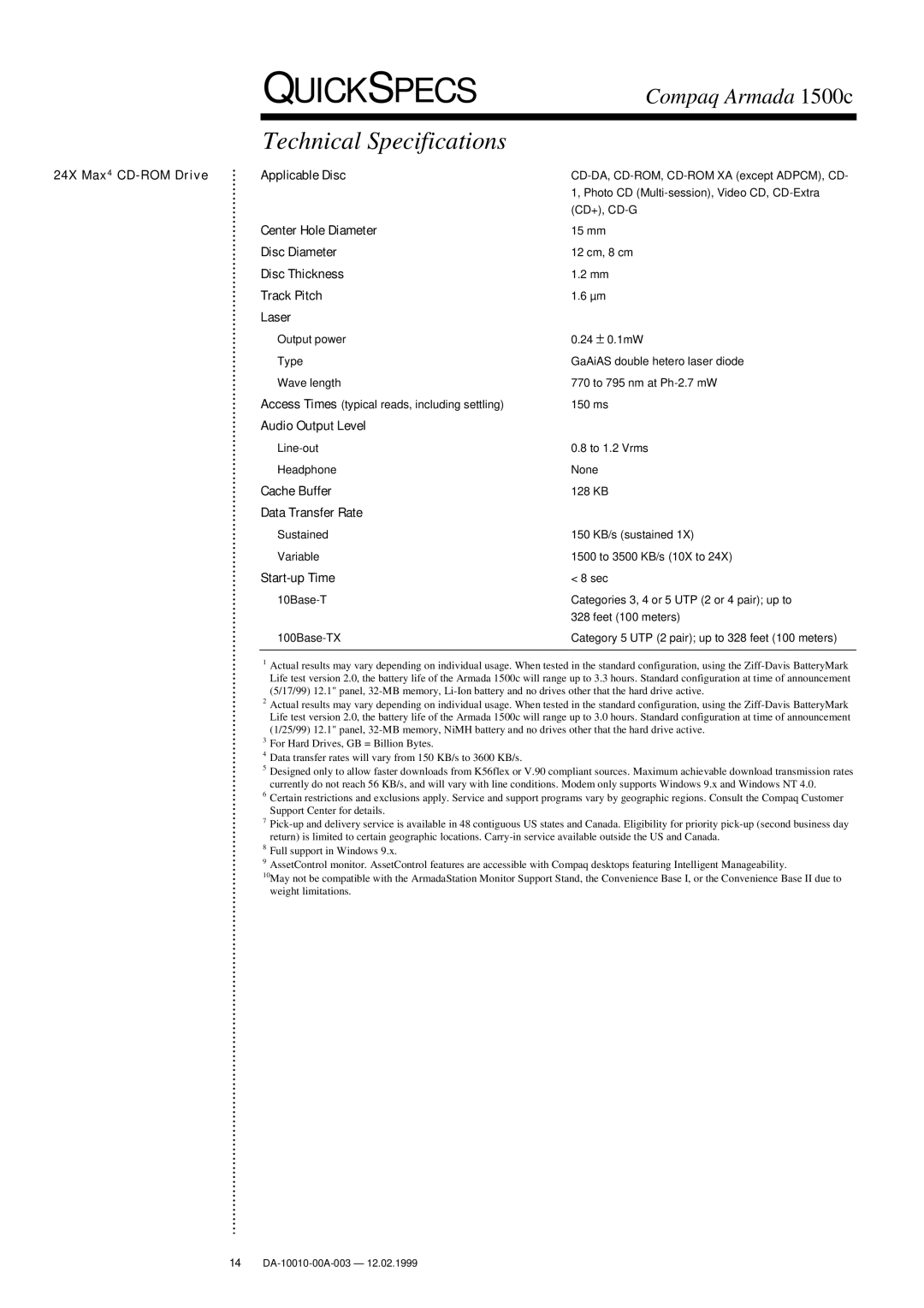 Compaq 1500c warranty Technical Specifications 