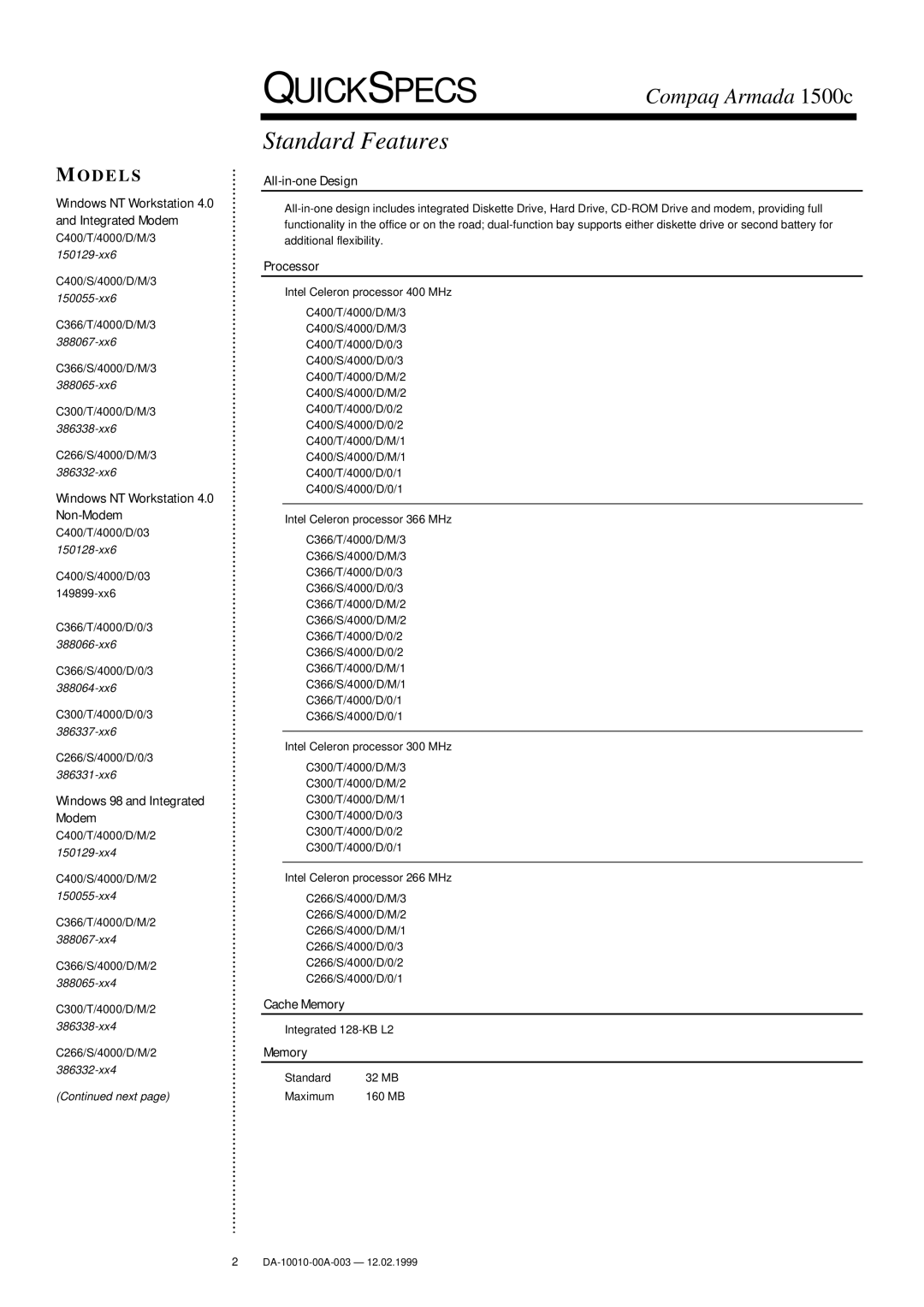 Compaq 1500c warranty Standard Features, Models 