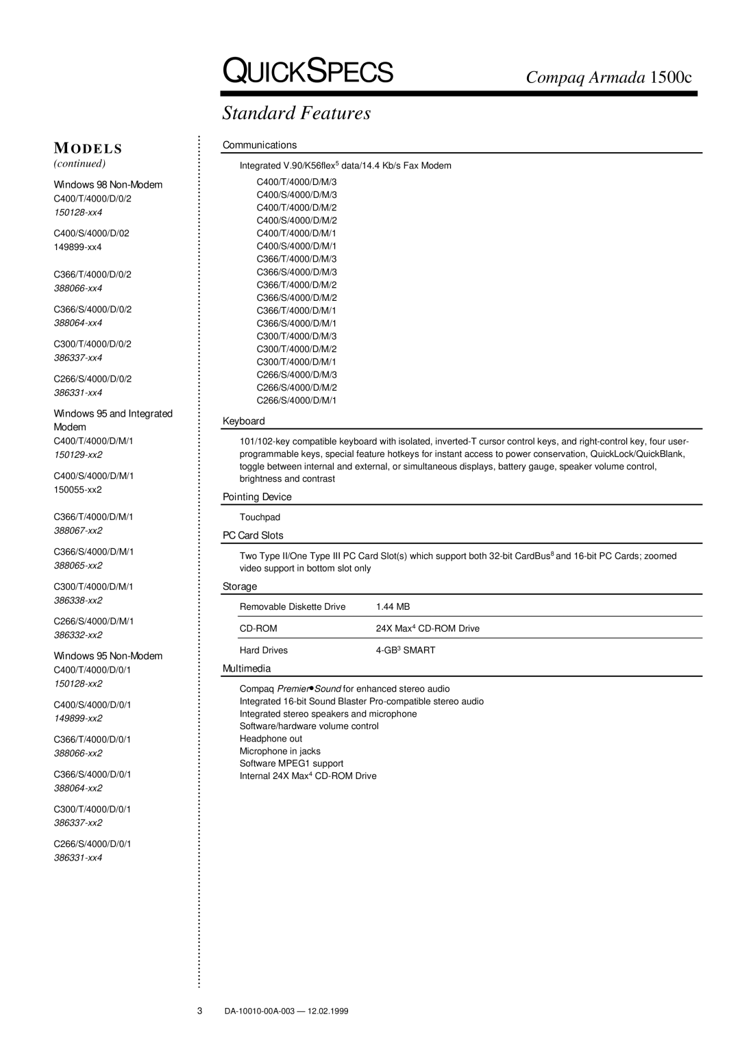 Compaq 1500c Windows 98 Non-Modem C400/T/4000/D/0/2, Windows 95 and Integrated Modem C400/T/4000/D/M/1, Communications 